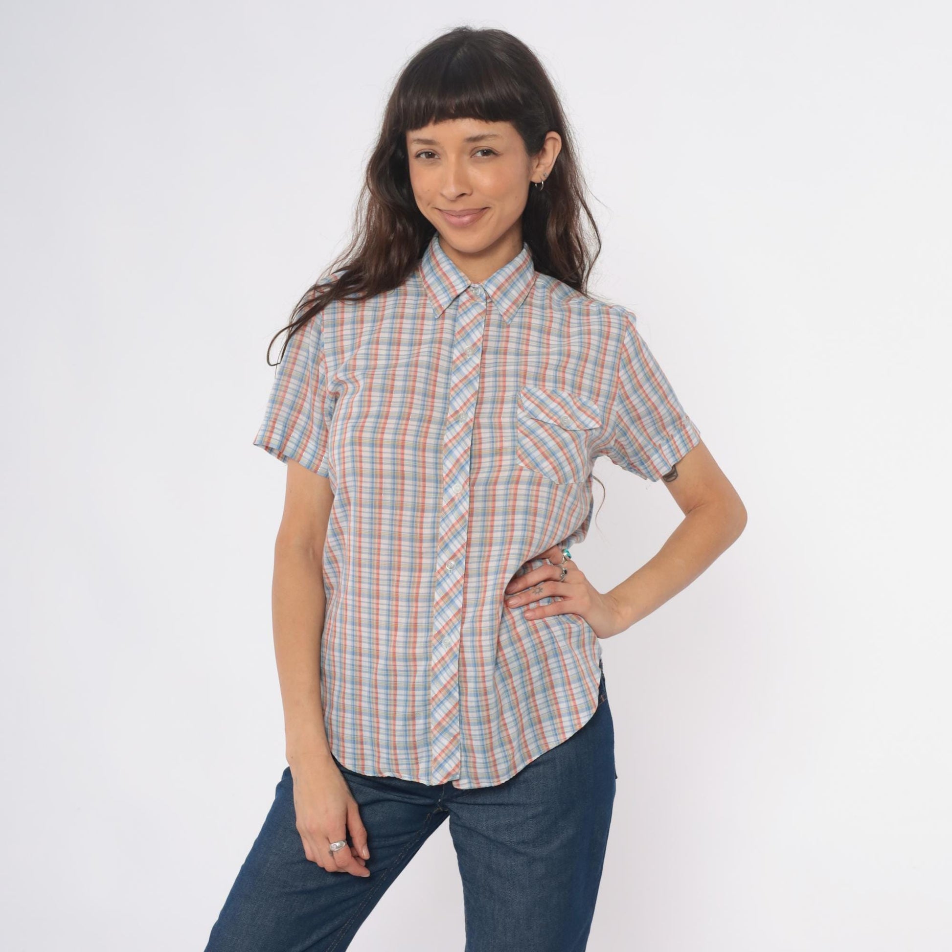 80s Plaid Button-Up Shirt Short Sleeve Pointed Collar Cotton Multicolor Medium