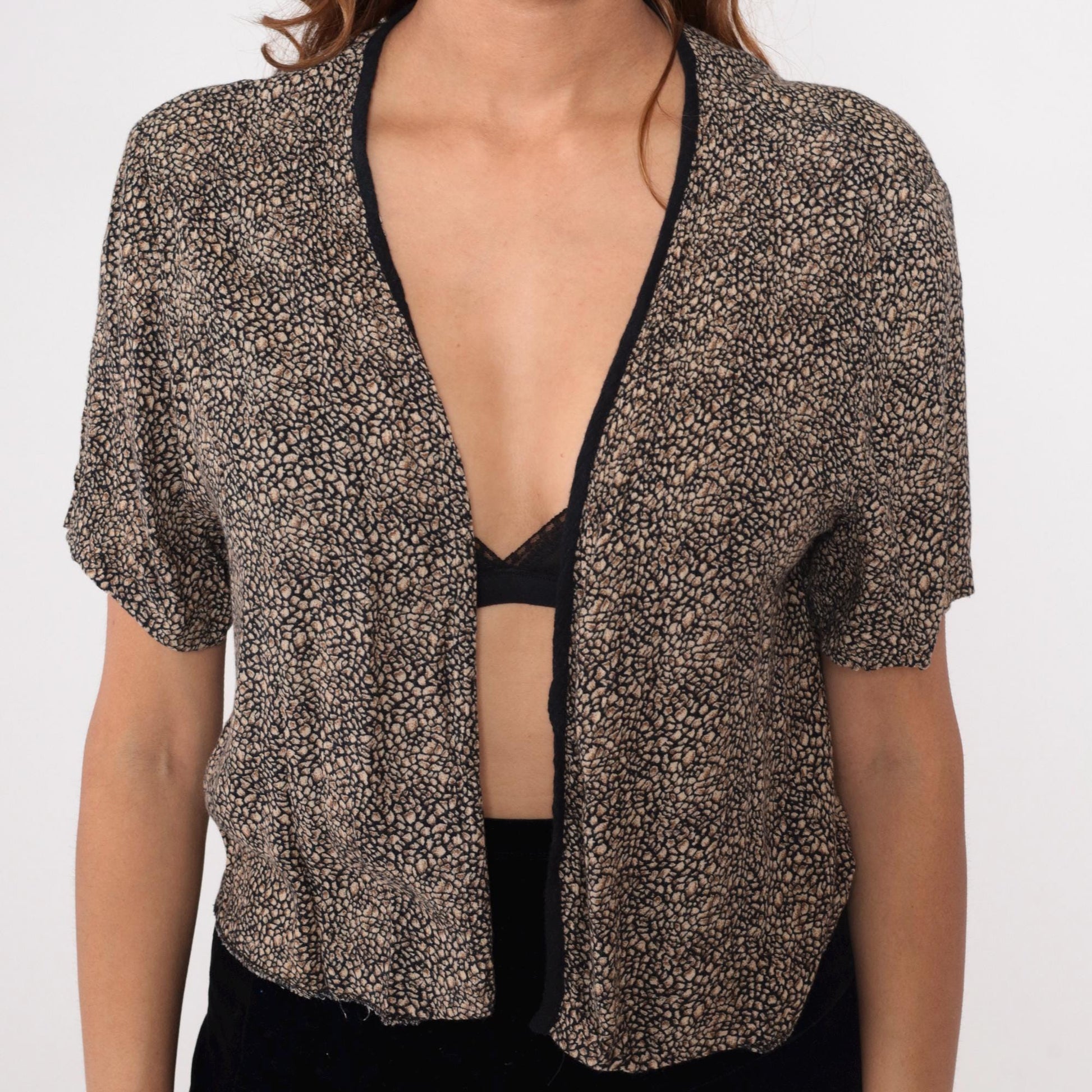 90s Leopard Print Cropped Cardigan Shrug Black Tan Open Front Medium