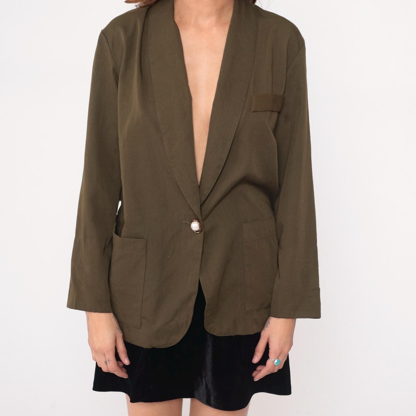 90s Olive Green Blazer Single Button Shawl Collar Jacket Medium M