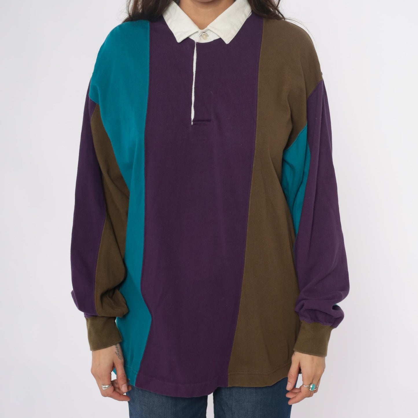 90s Cambridge Classics Rugby Polo Purple Teal Olive Colour Block Cotton Large