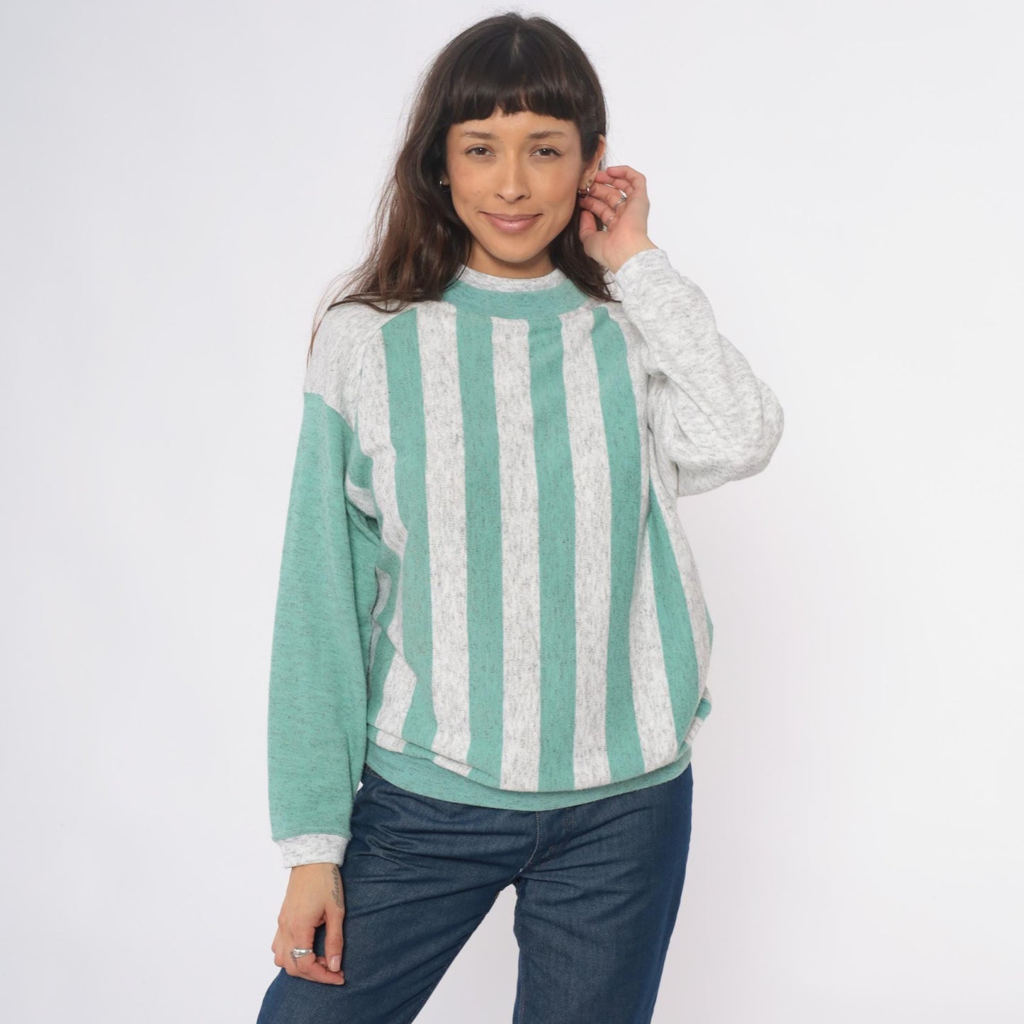 90s Aileen Petites Striped Mock Neck Sweatshirt Teal Grey Medium