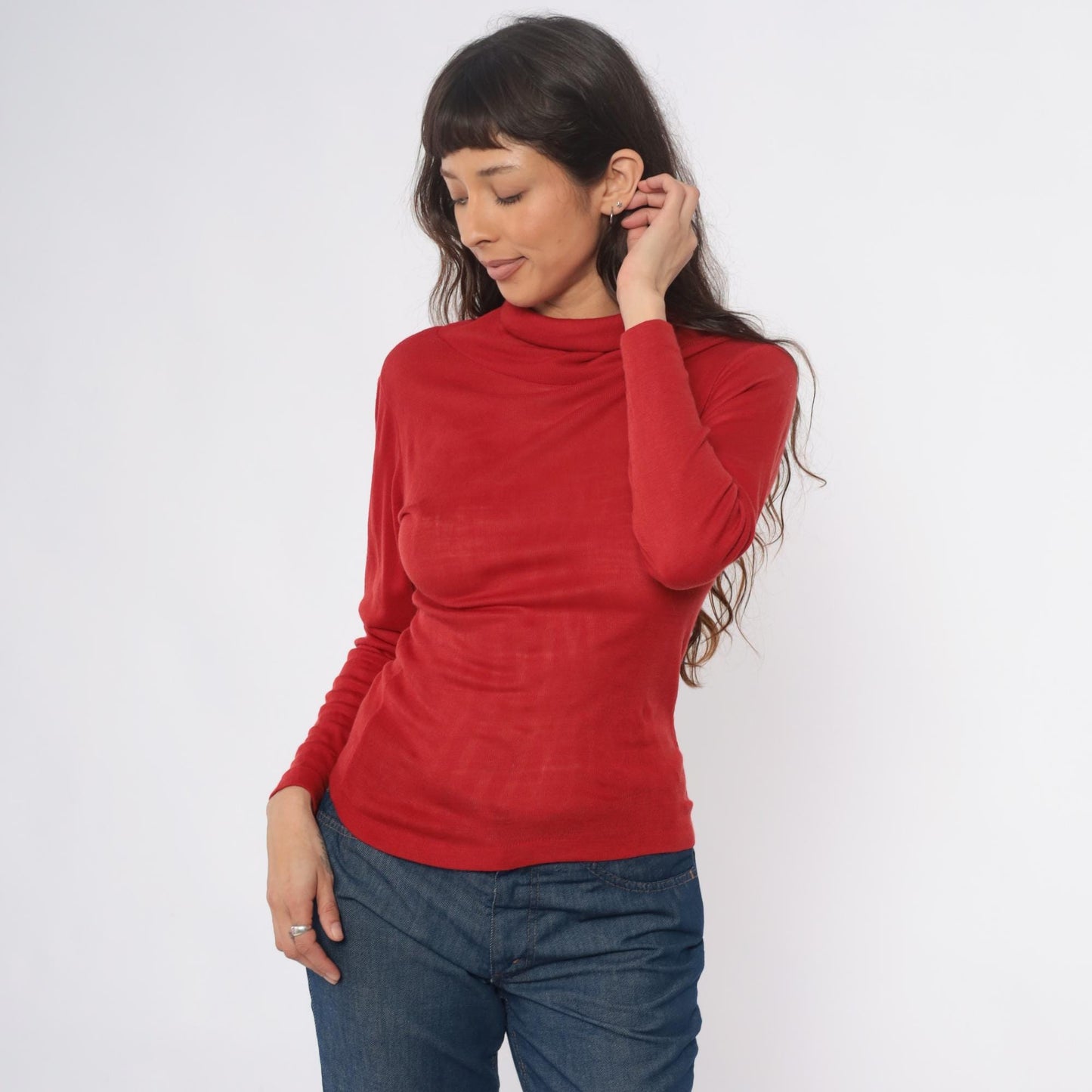 80s Red Turtleneck Acrylic Knit Fitted Long Sleeve Pullover Medium M