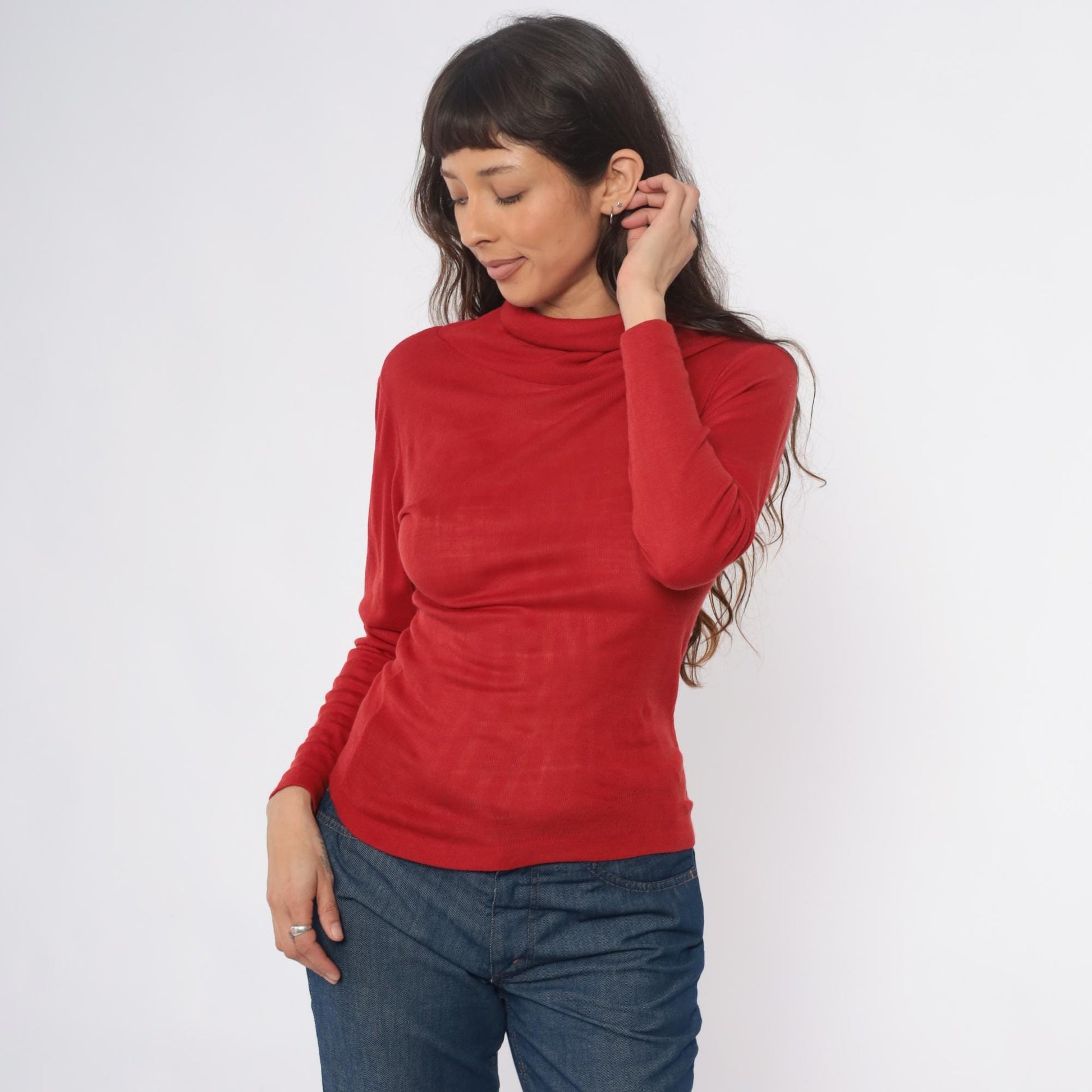80s Red Turtleneck Acrylic Knit Fitted Long Sleeve Pullover Medium M