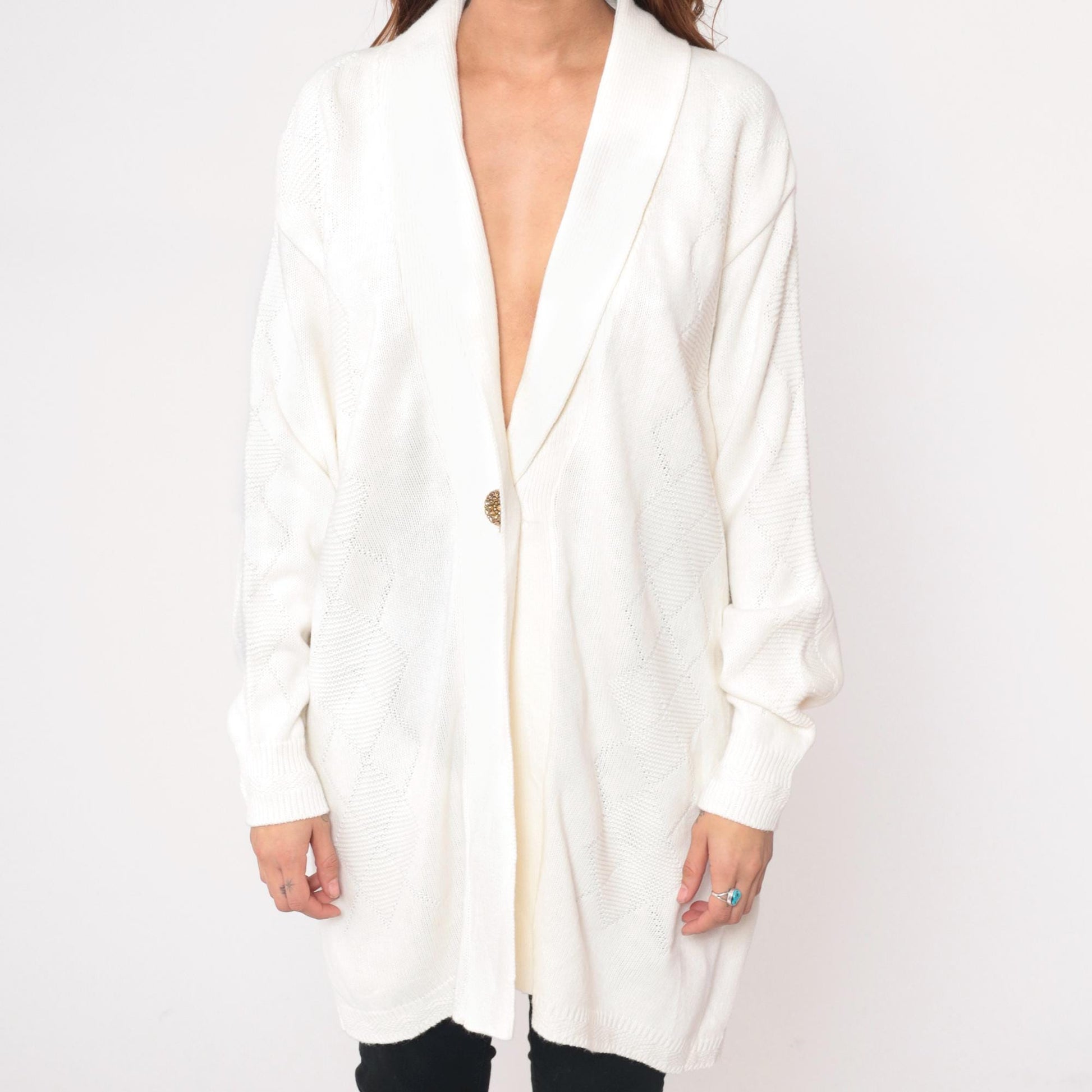 80s Southern Lady Cream Cardigan Shawl Collar Cable Knit Longline Medium M