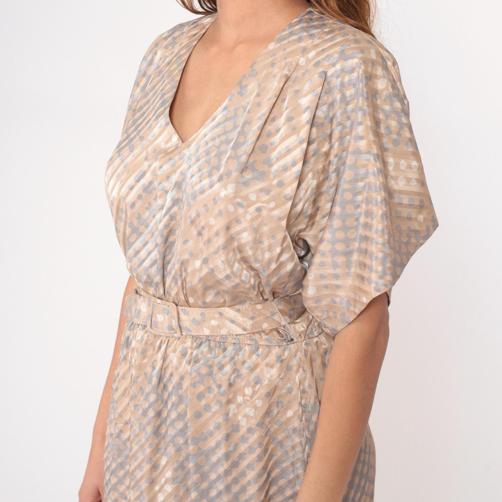 80s Pellini Wrap Dress Beige Polka Dot Diagonal Stripe V-Neck Kimono Sleeve Small