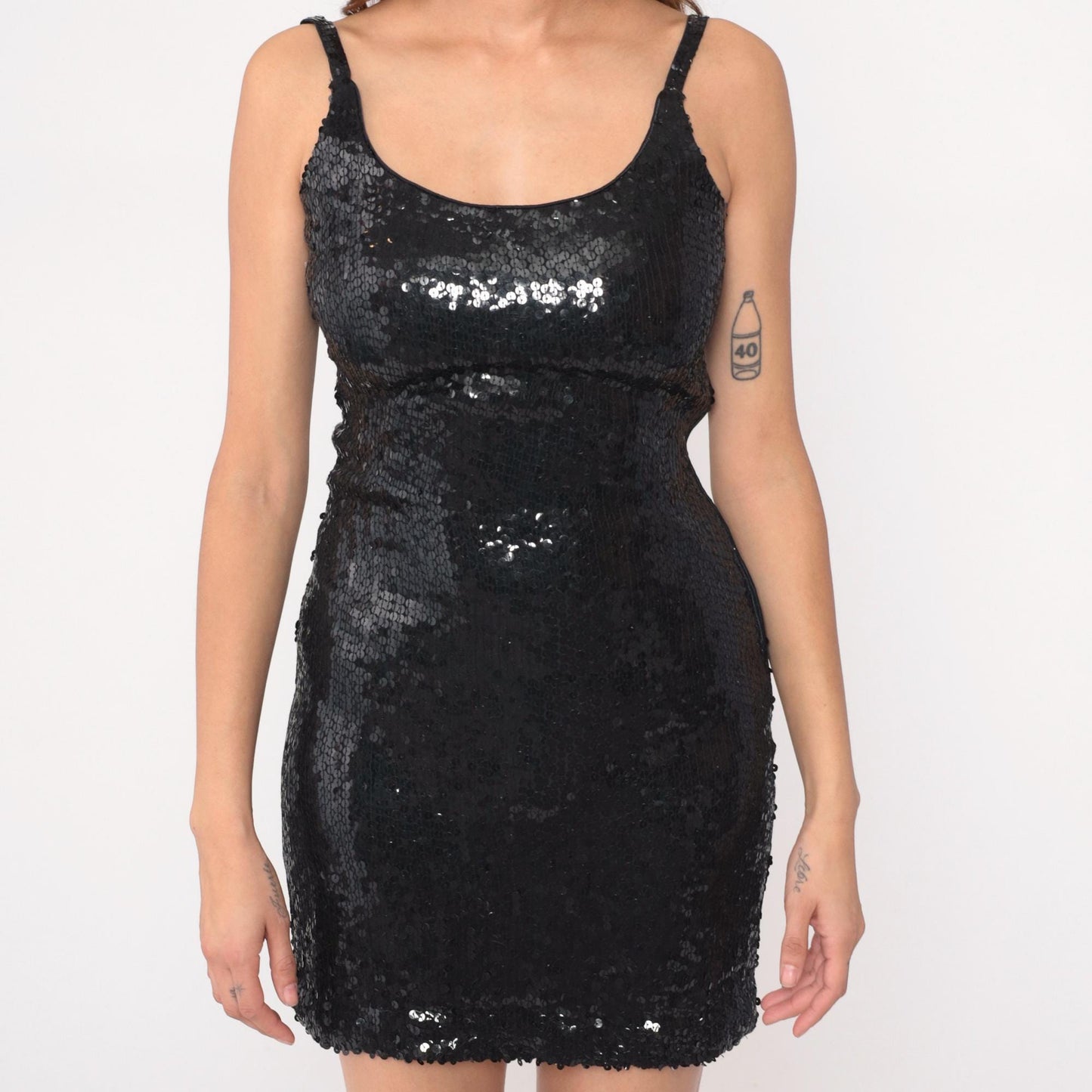 90s Black Sequin Mini Dress Spaghetti Strap Scoop Neck Small S
