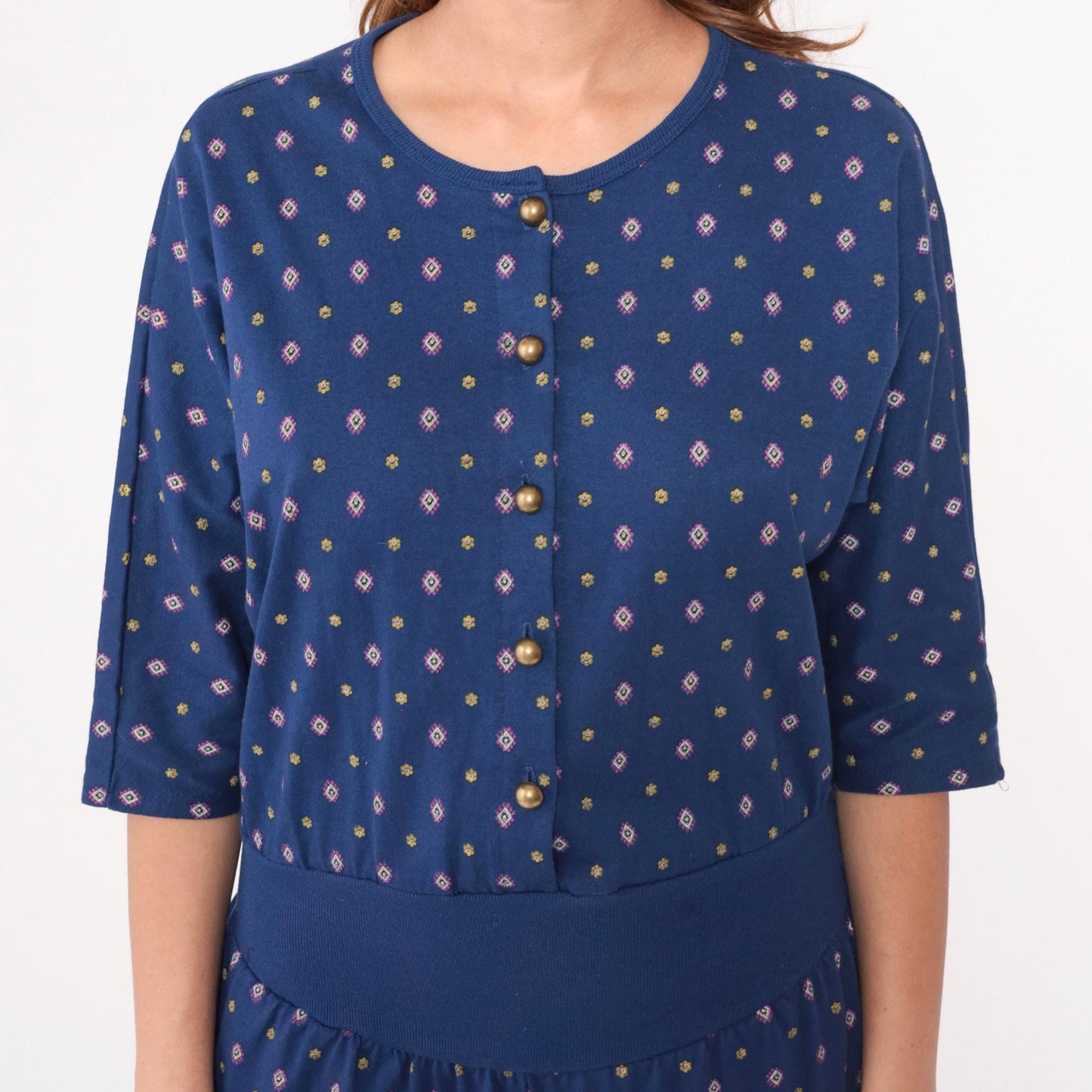 80s Rebe Geometric Jumpsuit Navy Diamond Print Button Front Medium M