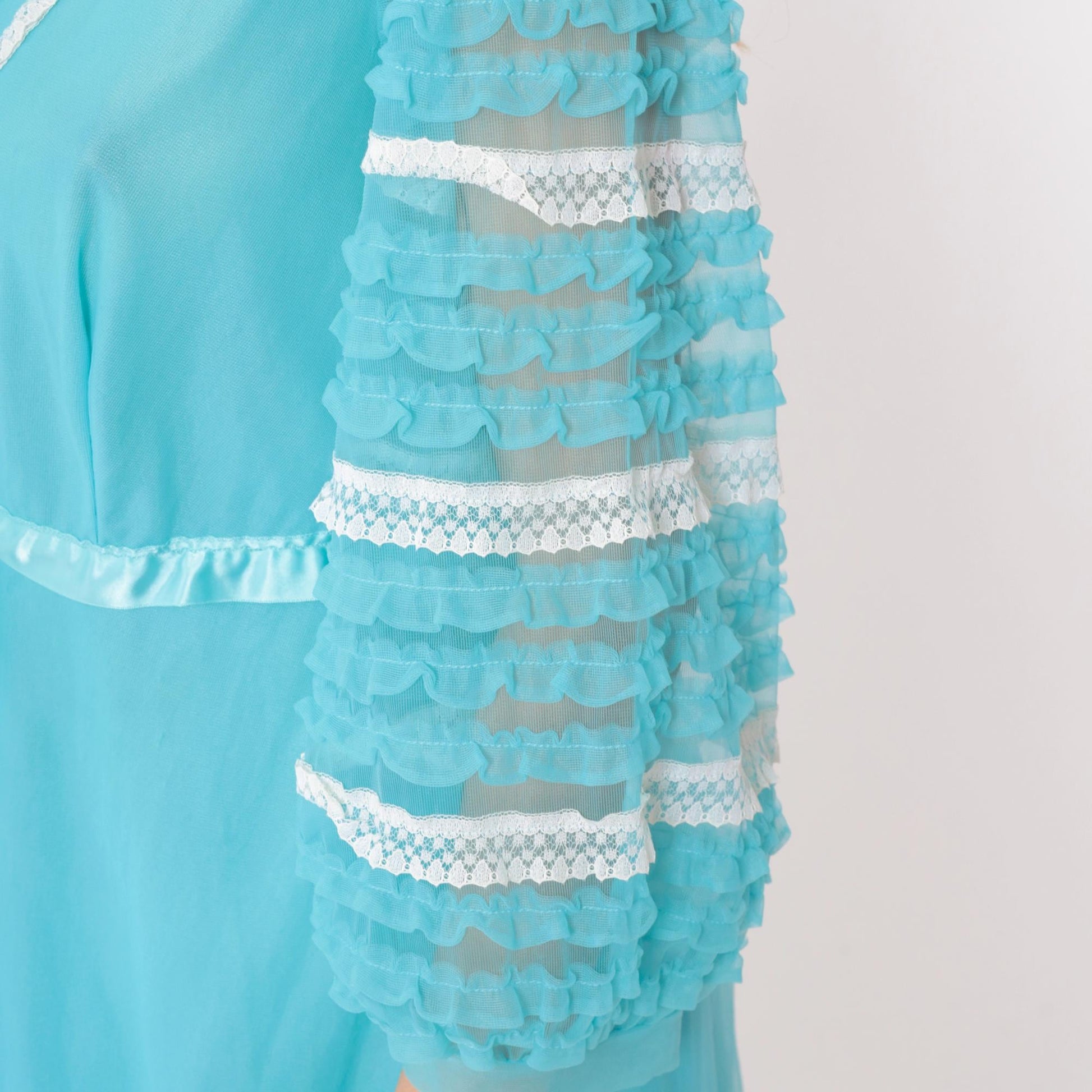70s Aqua Blue Nylon Robe Sheer Ruffle Lace Trim V-Neck Maxi Medium