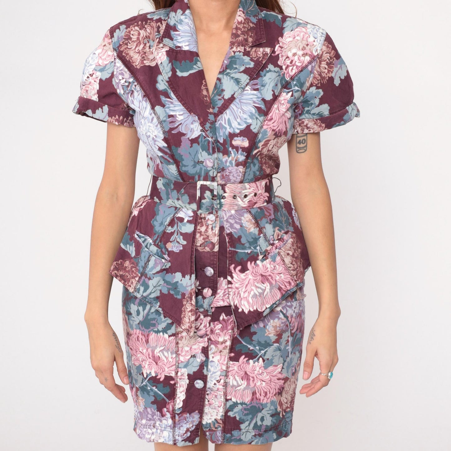 90s Karen Alexander Floral Peplum Dress Burgundy Chrysanthemum Small
