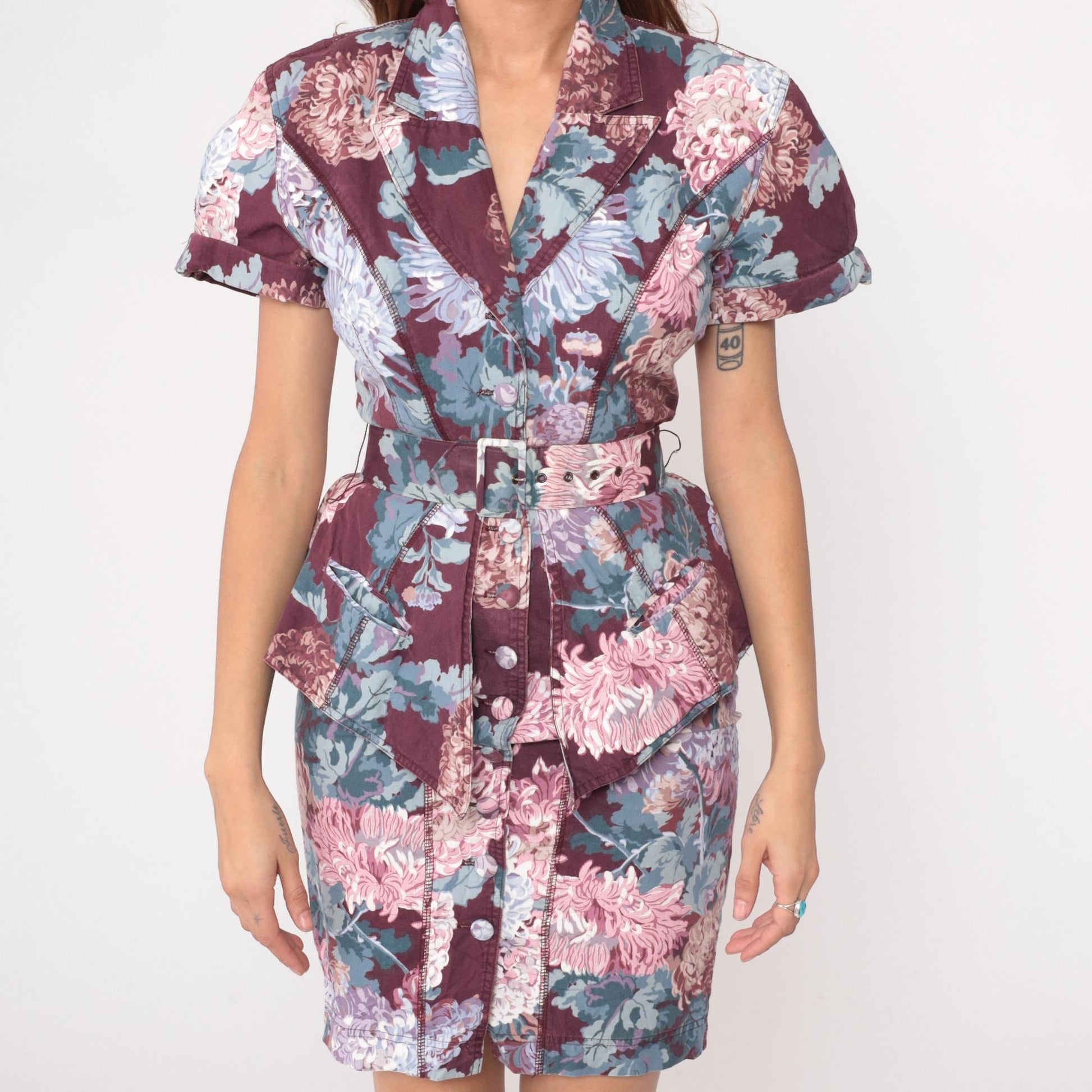 90s Karen Alexander Floral Peplum Dress Burgundy Chrysanthemum Small
