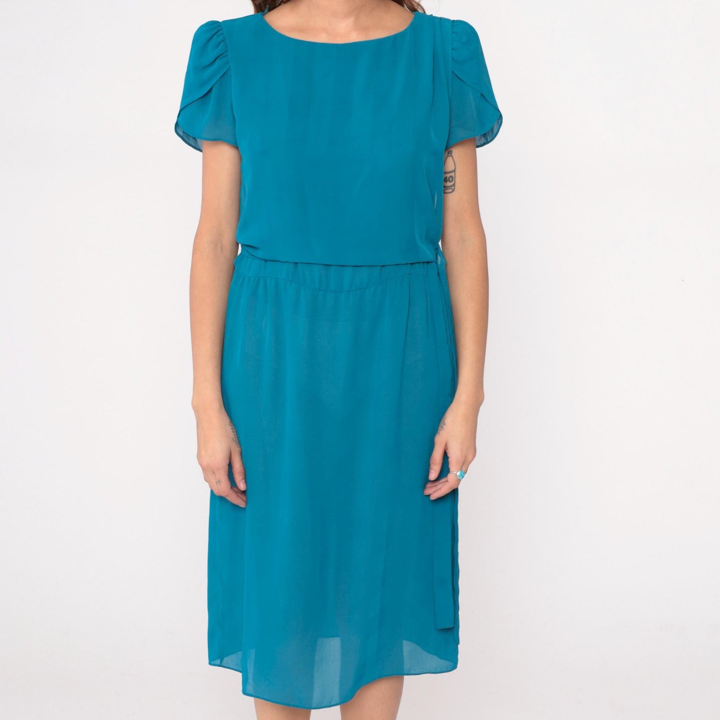 80s Alison Peters Teal Puff Sleeve Dress Boat Neck Tie Belt Knee-Length Small