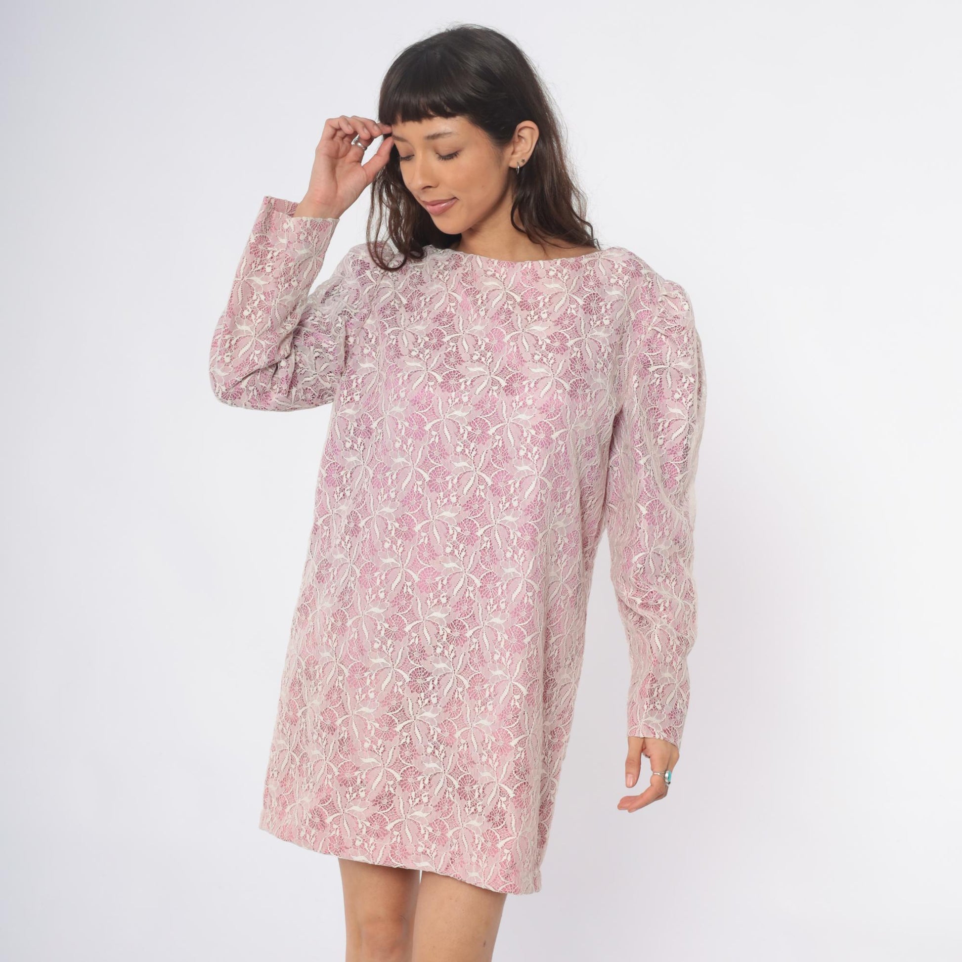 70s Purple Lace Mini Dress Long Sleeve Shift Floral White Overlay Medium M