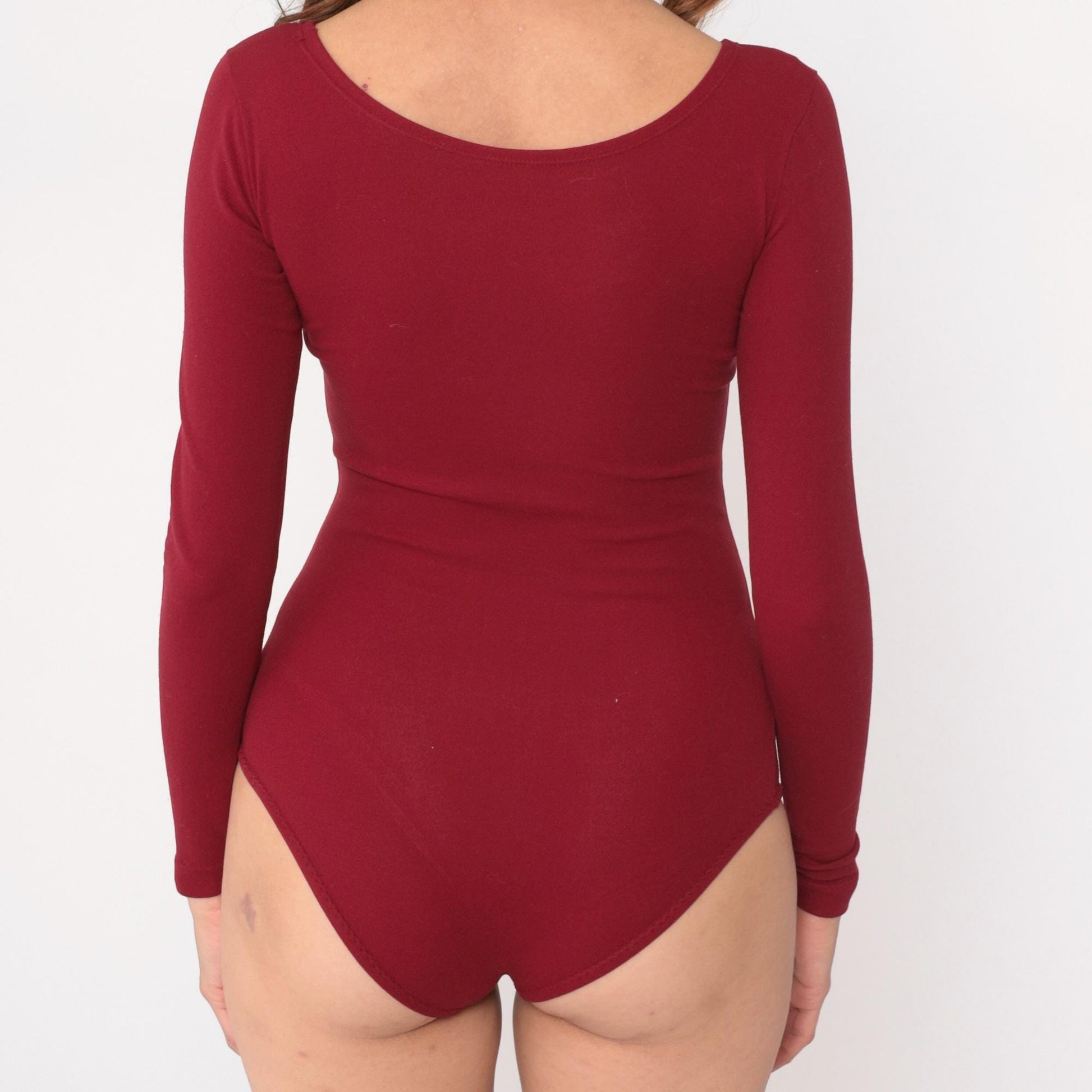70s Burgundy Bodysuit Long Sleeve Scoop Neckline Snap Closure Small