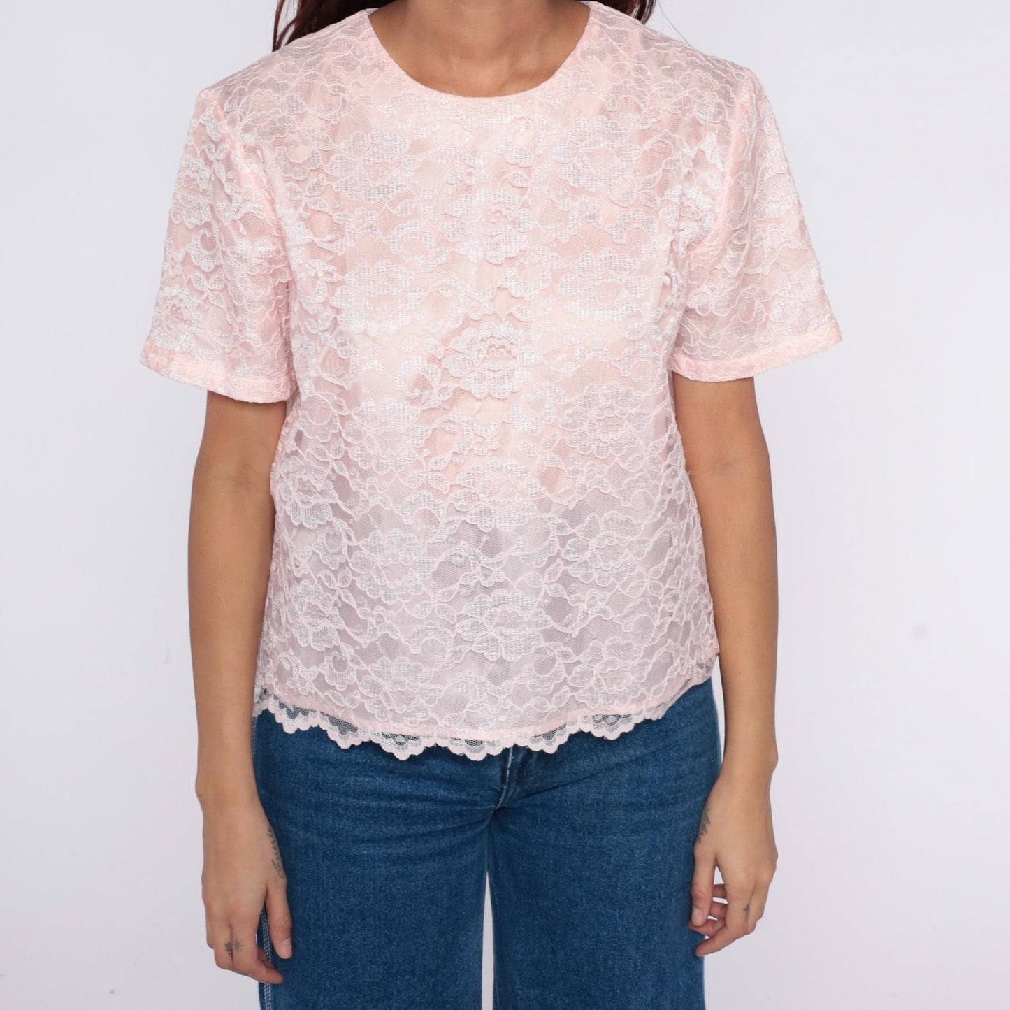 80s Appleseed's Pink Lace Blouse White Floral Scalloped Keyhole Back Medium M