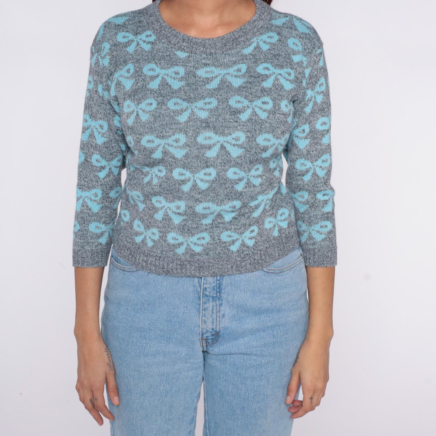 80s Go Nitty Grey Turquoise Bow Knit Sweater Cropped Crew Neck Extra Small