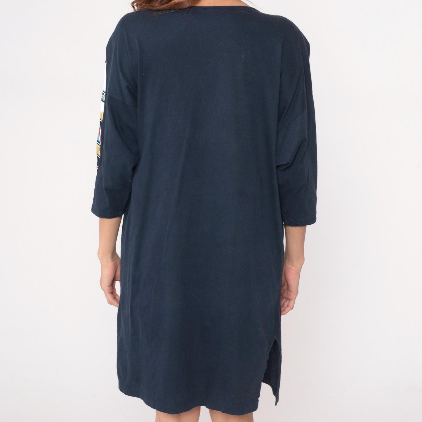 90s Abstract Face Graphic Shift Dress Black Cotton Knee-Length Medium M