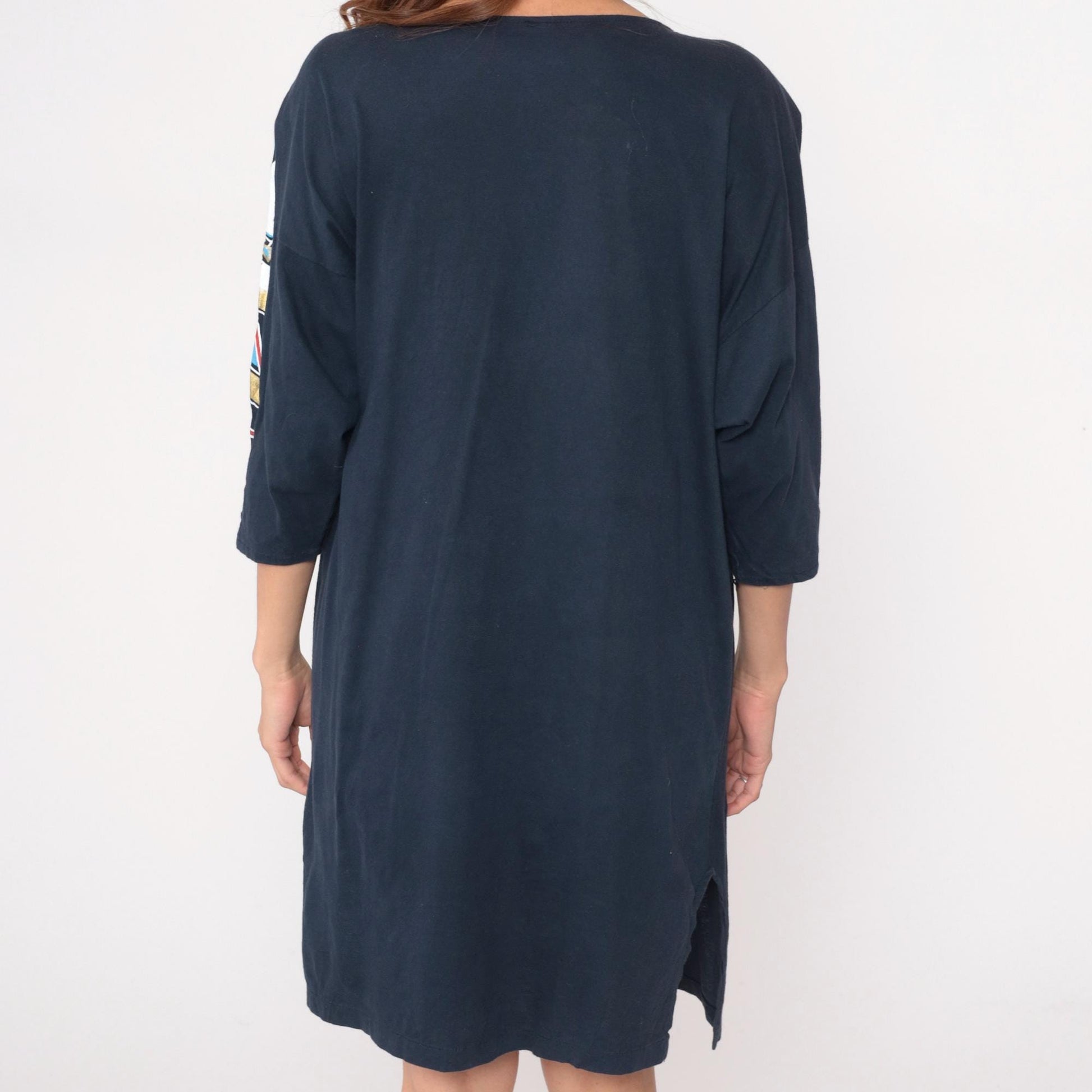 90s Abstract Face Graphic Shift Dress Black Cotton Knee-Length Medium M