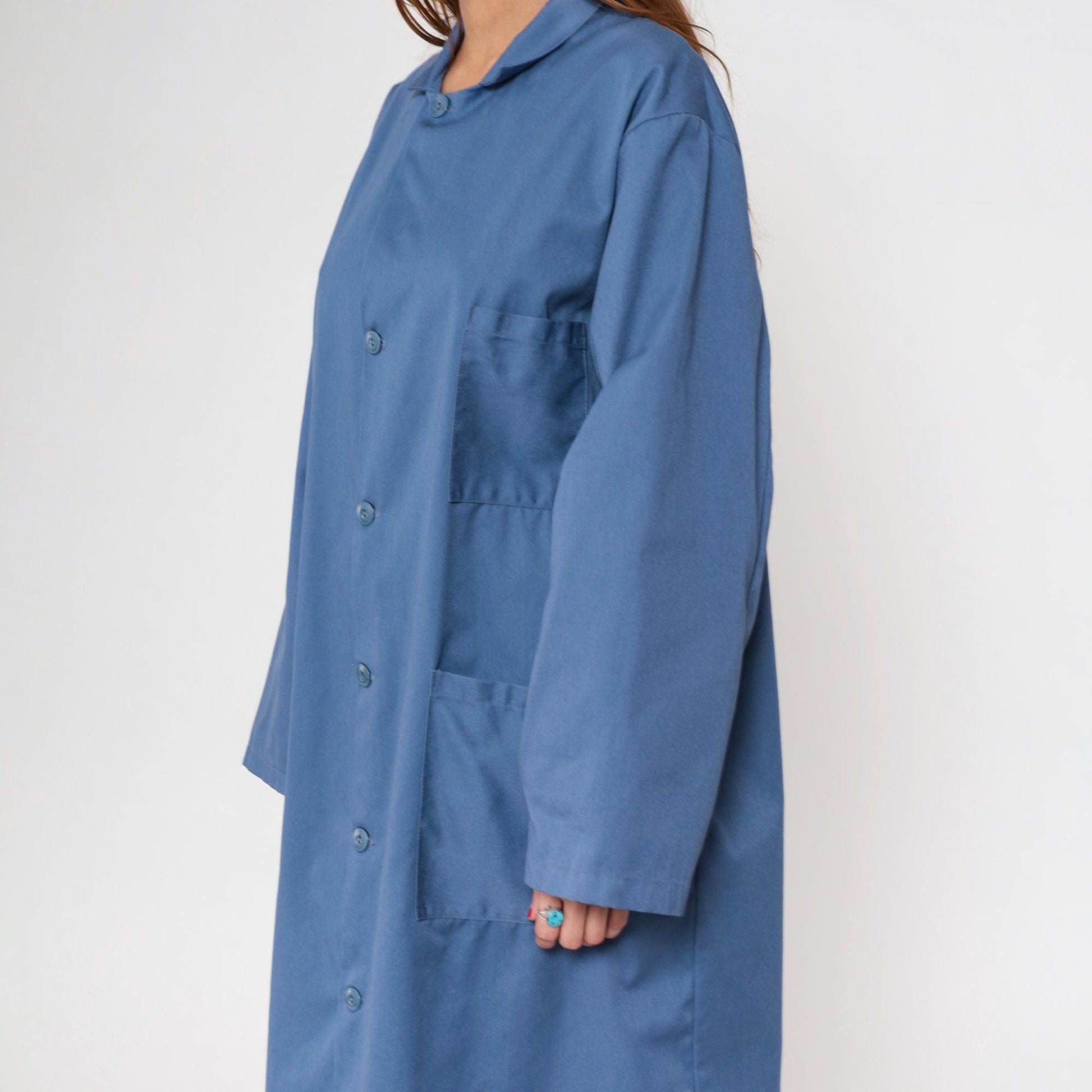 80s Ambassador Uniform Periwinkle Lab Coat Button Front Collar Large