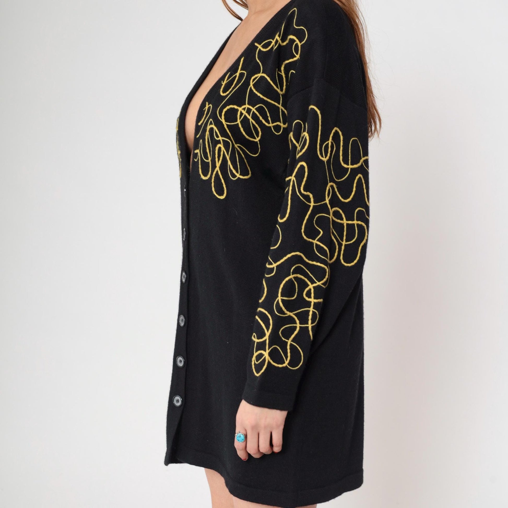 90s Mondi Black Cardigan Gold Embroidered Abstract Wool Blend Longline Medium