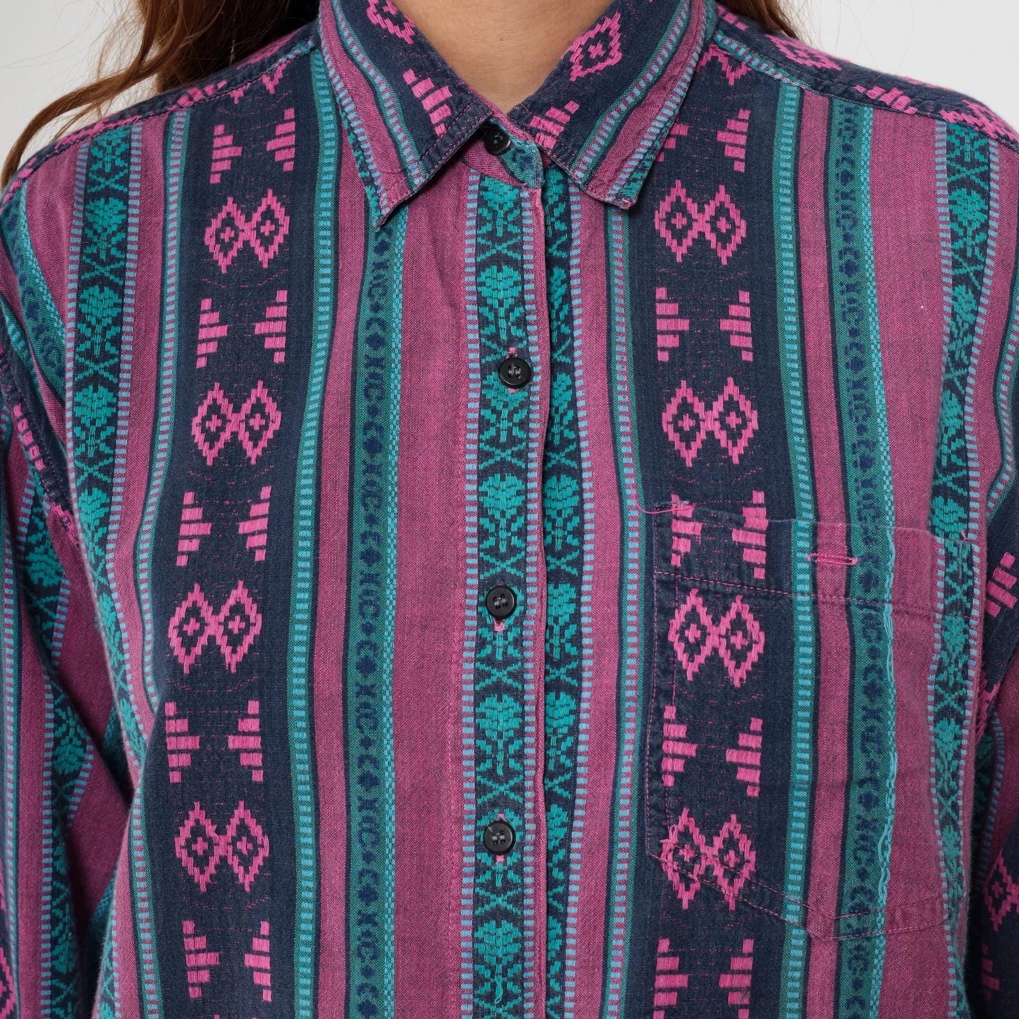 90s Southwestern Tribal Geometric Button-Up Shirt Purple Magenta Teal Large L