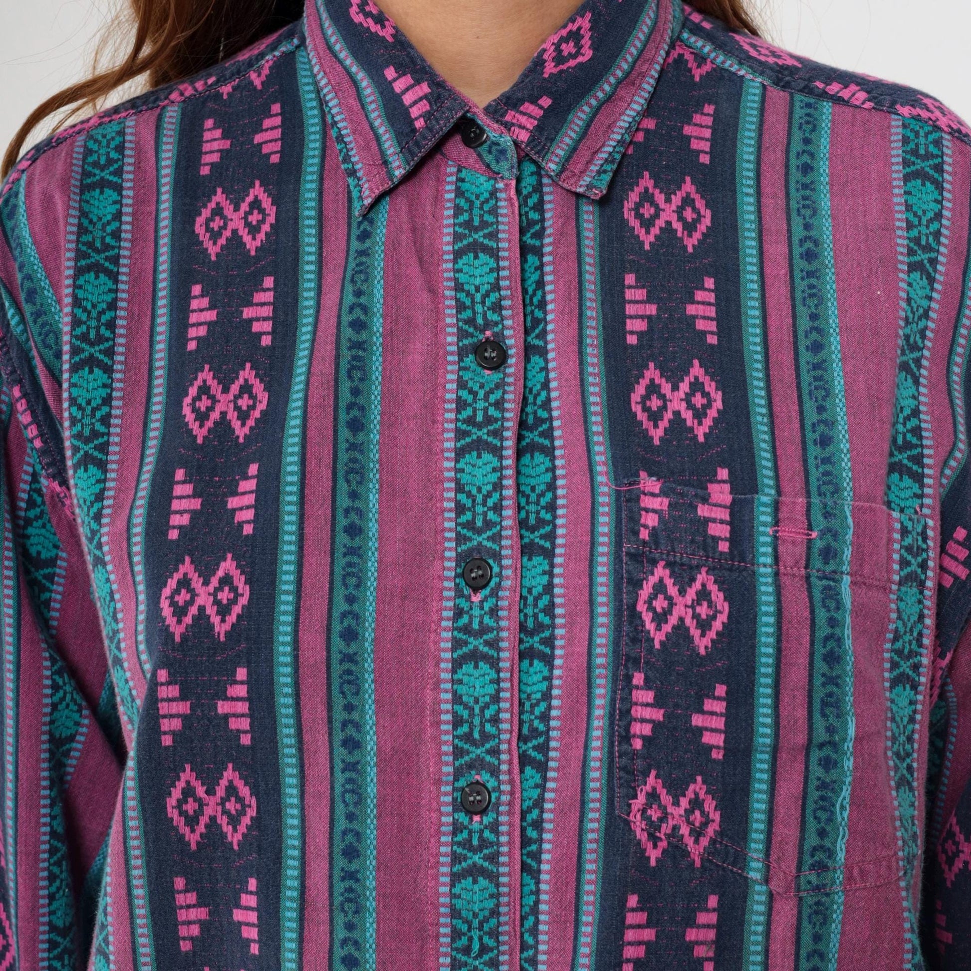 90s Southwestern Tribal Geometric Button-Up Shirt Purple Magenta Teal Large L