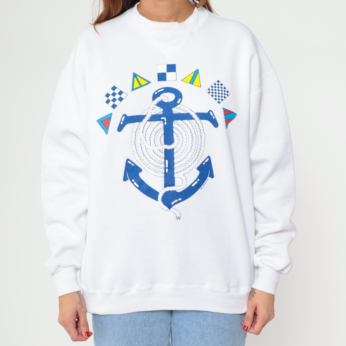 90s Russell Athletic Nautical Anchor Sweatshirt White Embroidered Signal Flags Extra Large XL