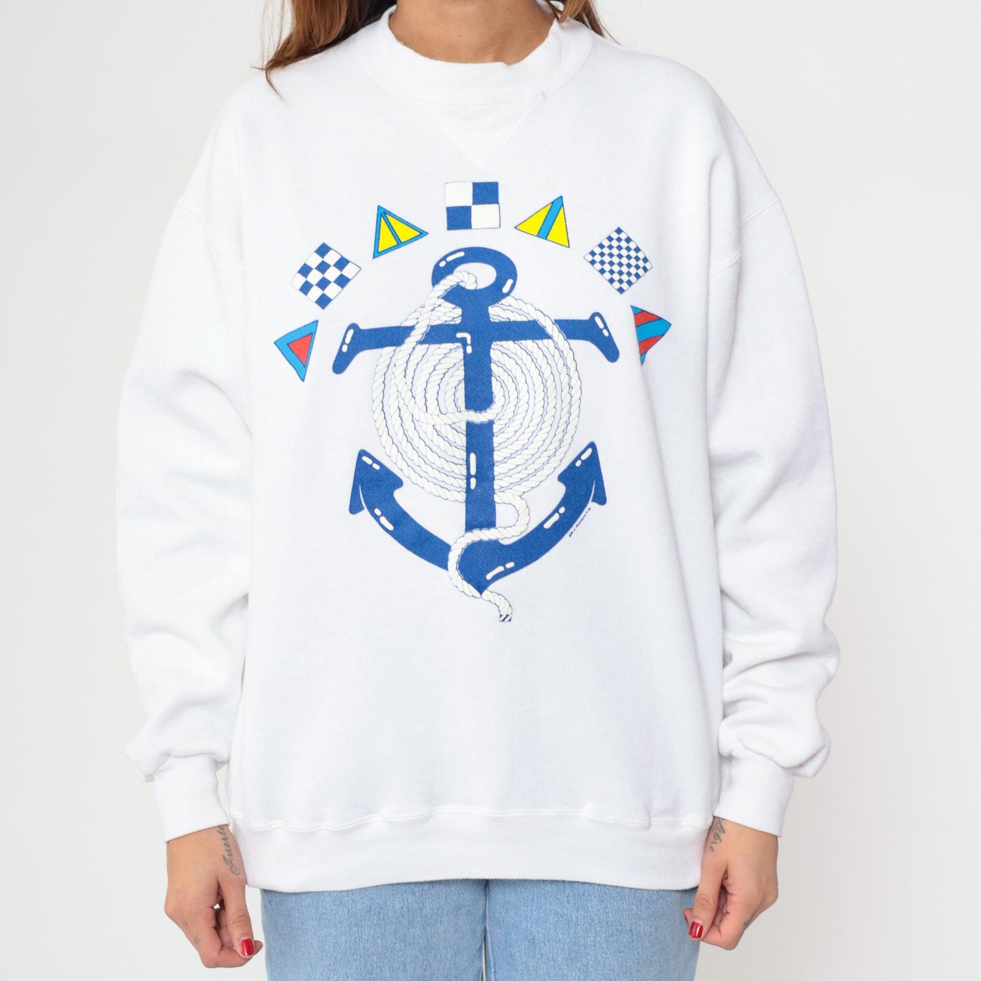 90s Russell Athletic Nautical Anchor Sweatshirt White Embroidered Signal Flags Extra Large XL