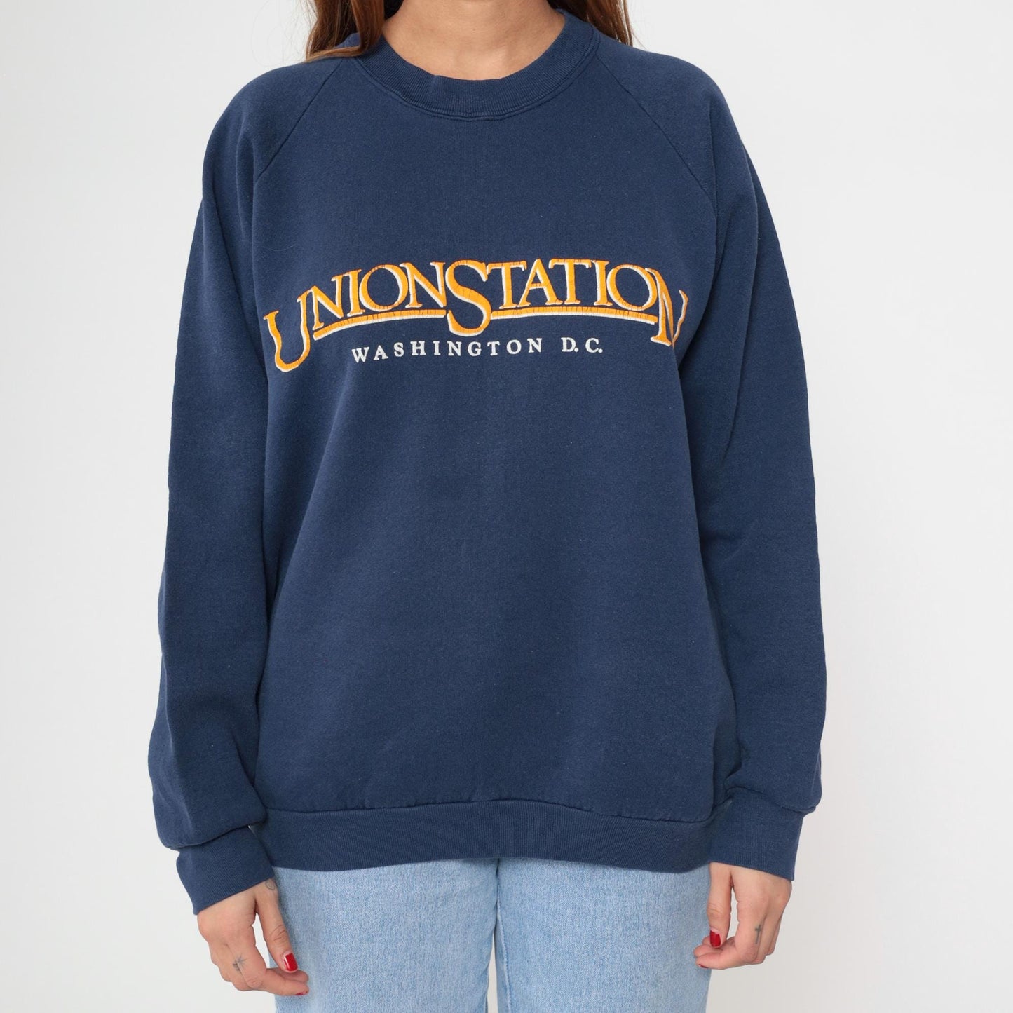 90s Union Station Washington DC Navy Sweatshirt Embroidered Raglan Extra Large XL