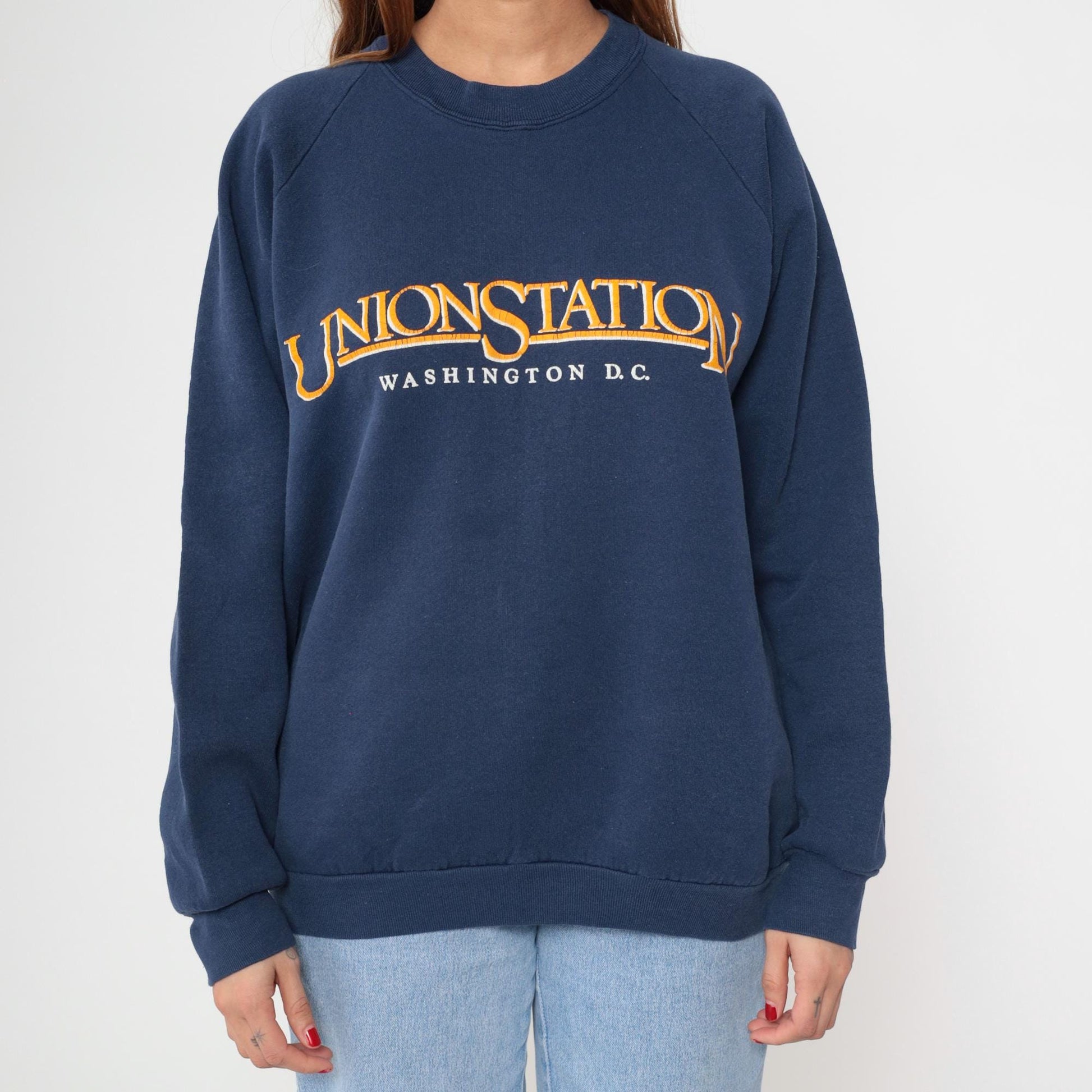 90s Union Station Washington DC Navy Sweatshirt Embroidered Raglan Extra Large XL