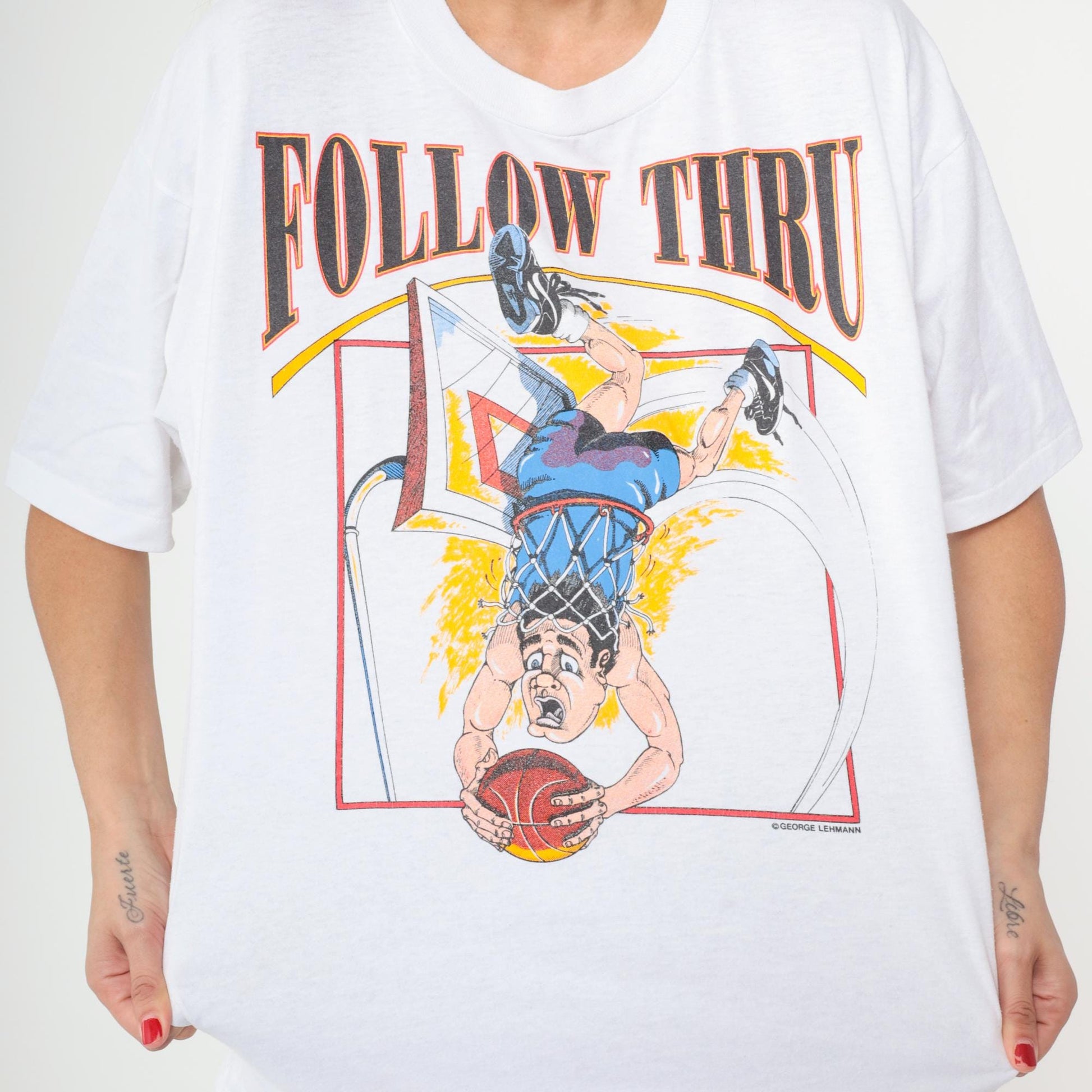 90s Jerzees Follow Thru Basketball Graphic Tee White Cartoon Dunk Extra Large XL