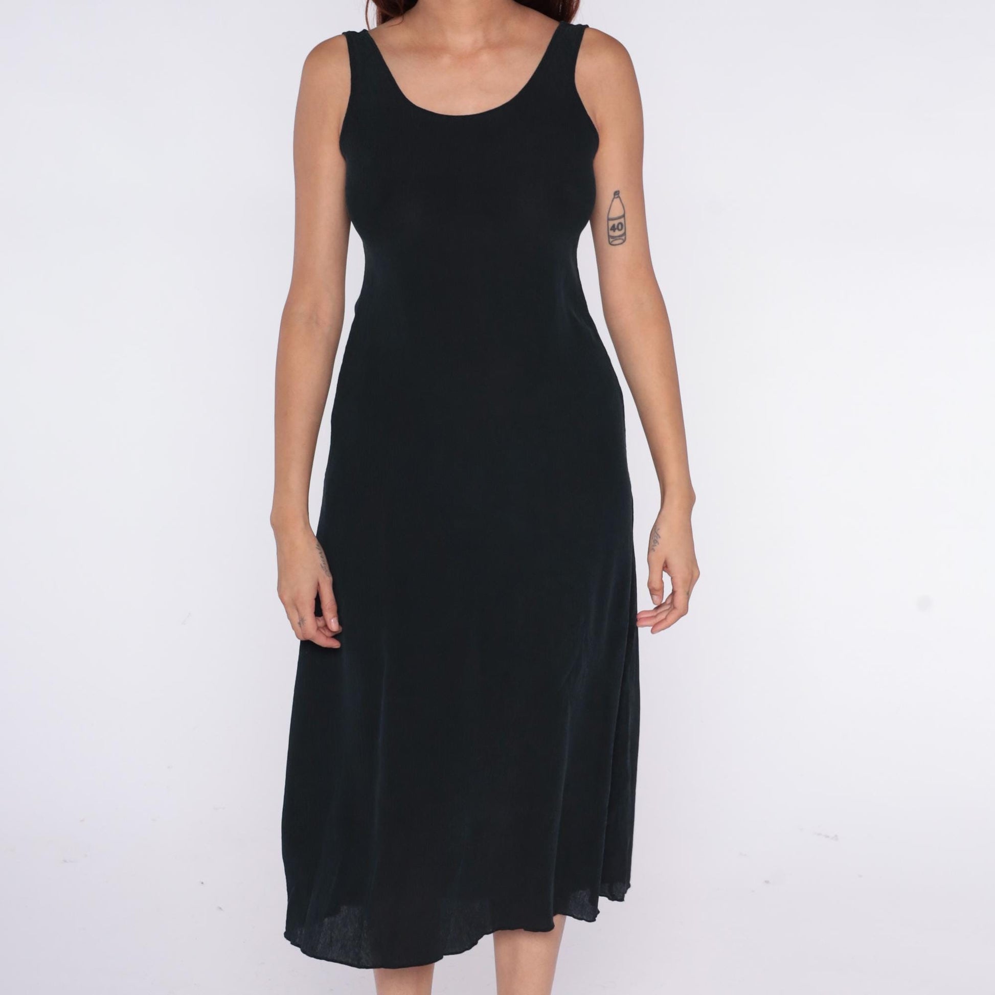 90s Black Midi Dress Sleeveless Scoop Neck Racerback Tank Small S