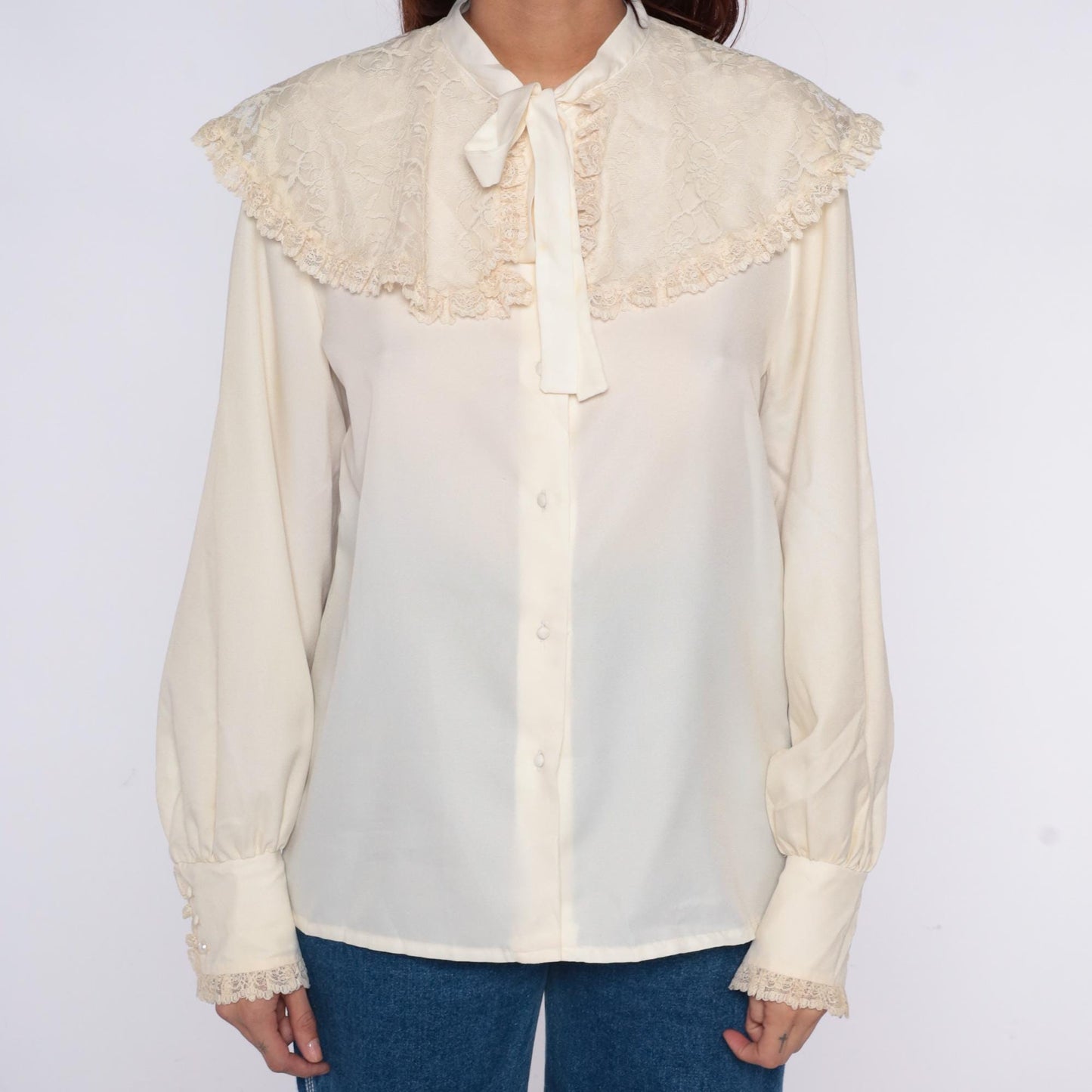 70s Elles Belles Cream Lace Blouse Pussy Bow Tie Neck Large L