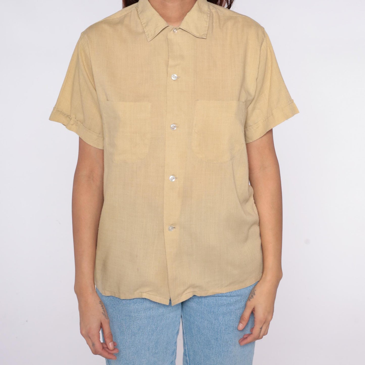 80s Beige Button-Up Shirt Pointed Collar Short Sleeve Cotton Blend Large