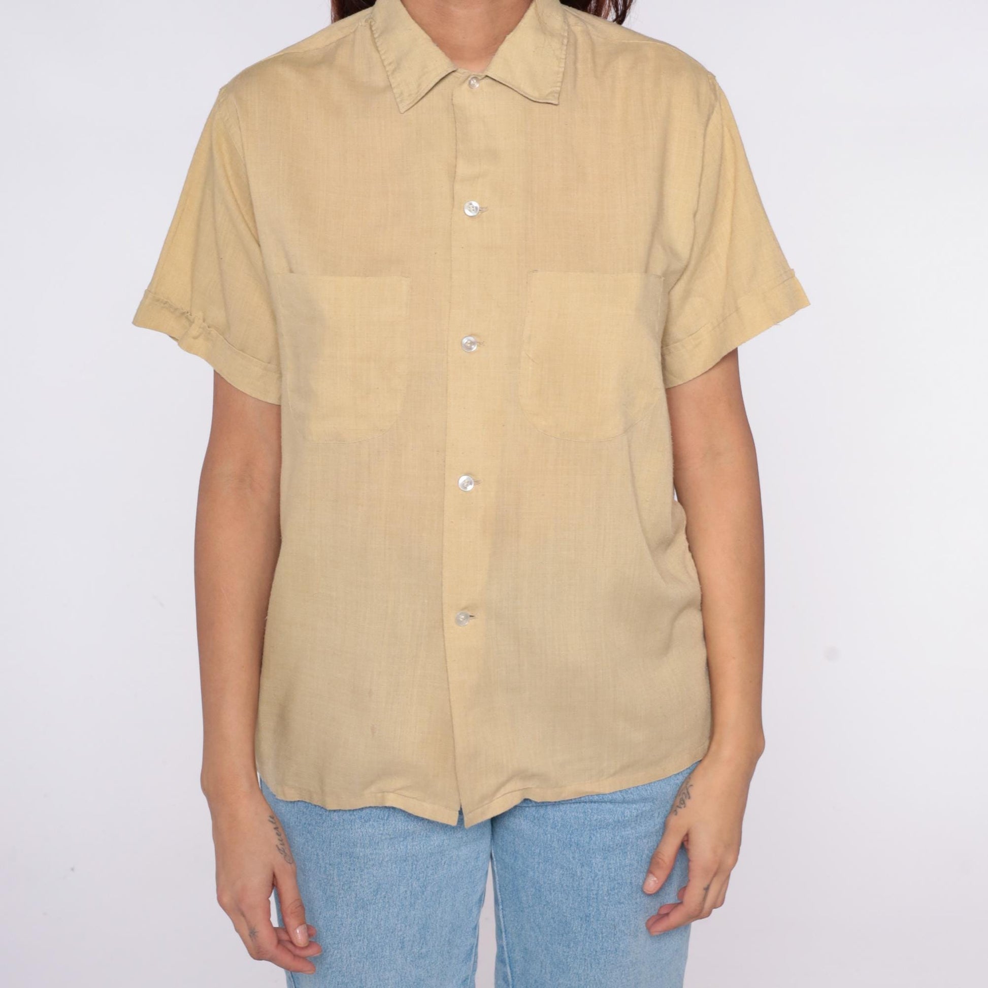 80s Beige Button-Up Shirt Pointed Collar Short Sleeve Cotton Blend Large