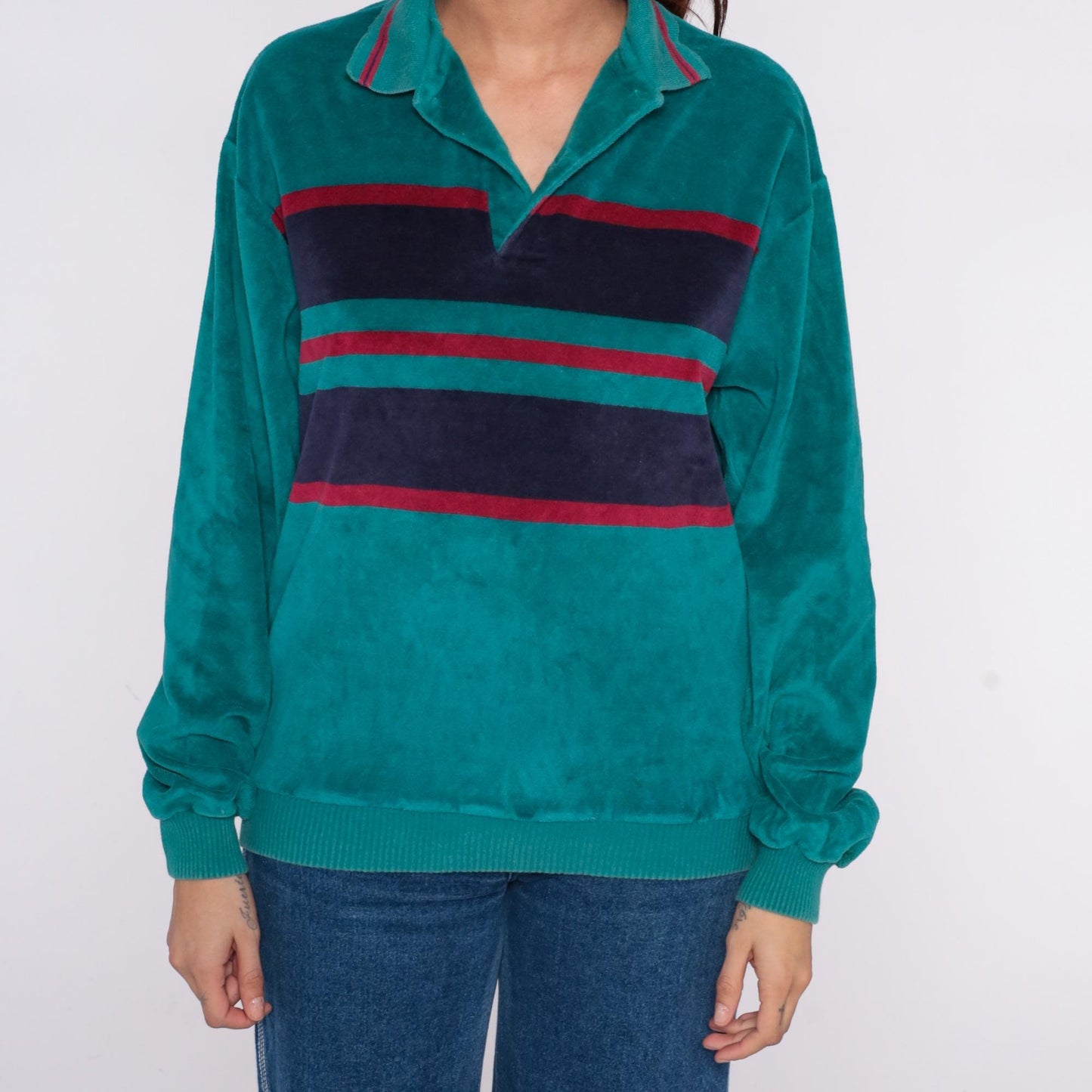 90s Chesterfield Velour Pullover Teal Striped Collared Sweatshirt Medium M