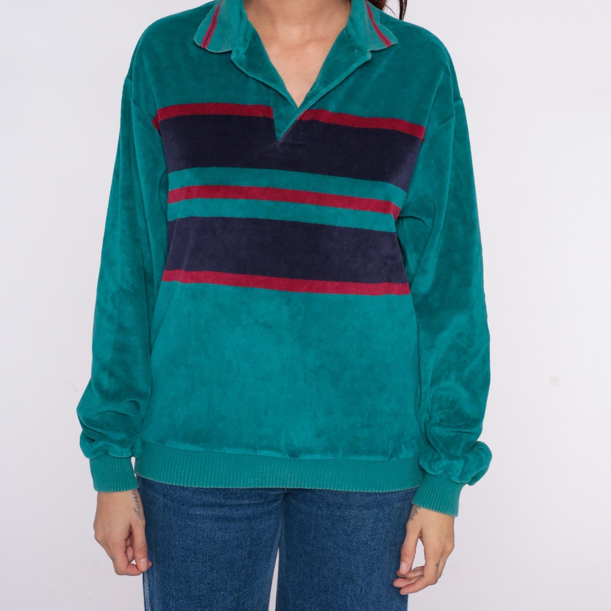 90s Chesterfield Velour Pullover Teal Striped Collared Sweatshirt Medium M
