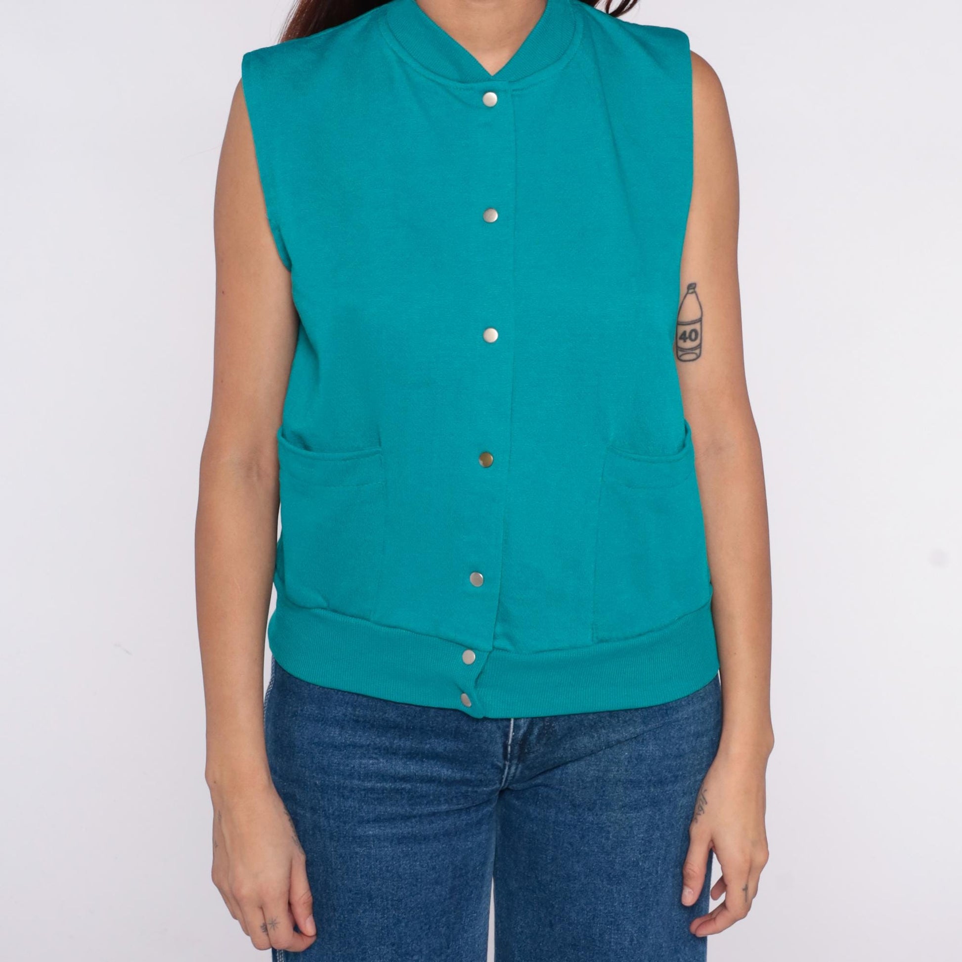 90s Teal Vest Abstract Painted Snap Front Sleeveless Stand Collar Medium