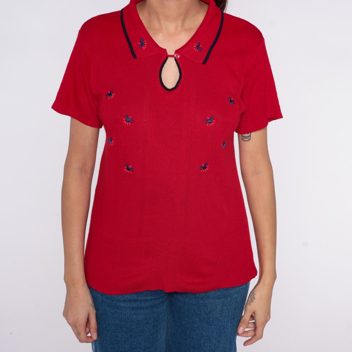 70s Lady Loana Red Polo Shirt Embroidered Flowers Keyhole Neckline Medium