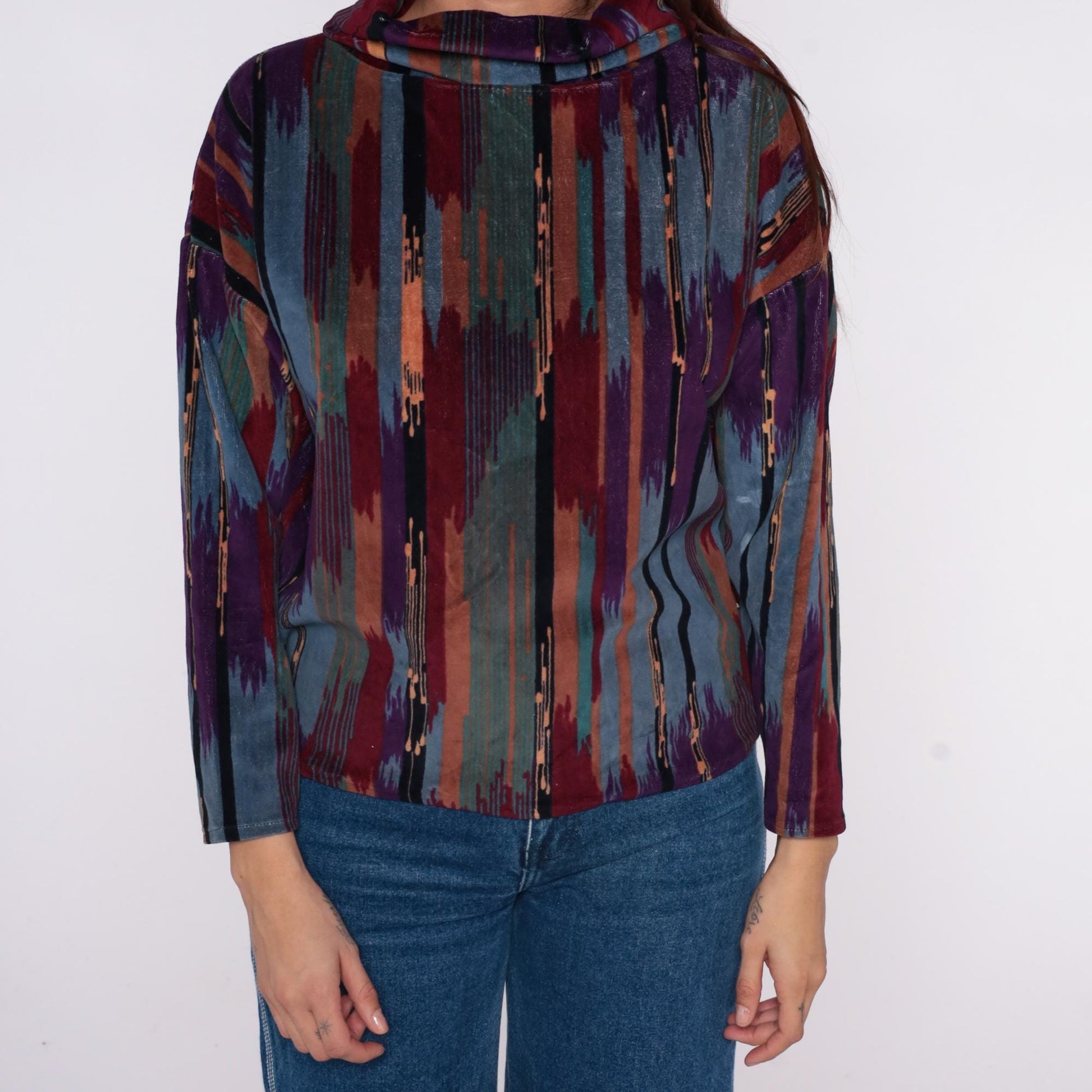 90s Southwestern Ikat Stripe Funnel Neck Blouse Purple Teal Small S