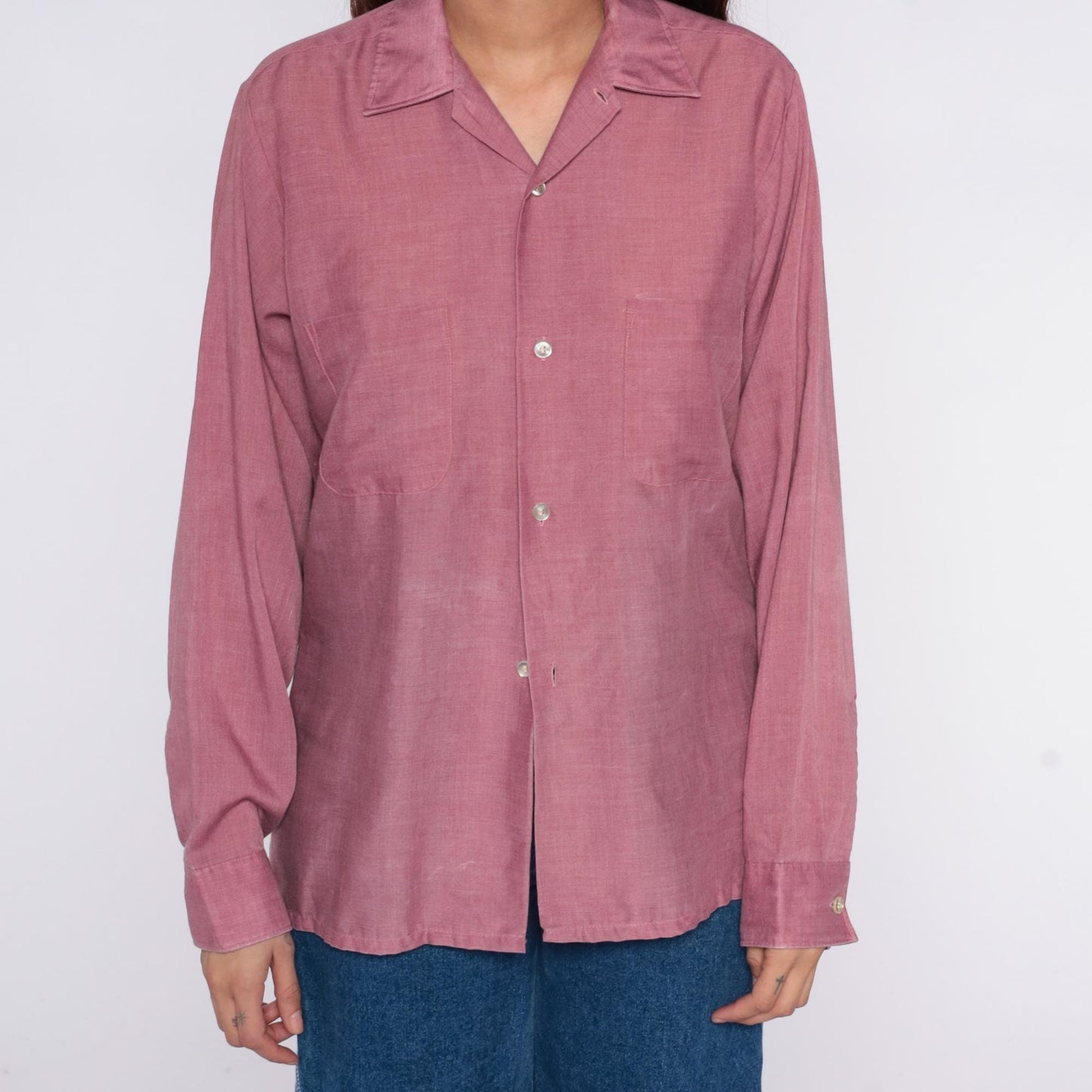 70s BVD Dusty Rose Button-Up Shirt Spread Collar Long Sleeve Small