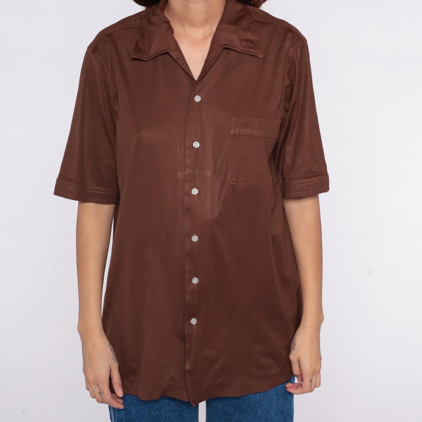 70s California Class Chocolate Brown Button-Up Shirt Camp Collar Large L