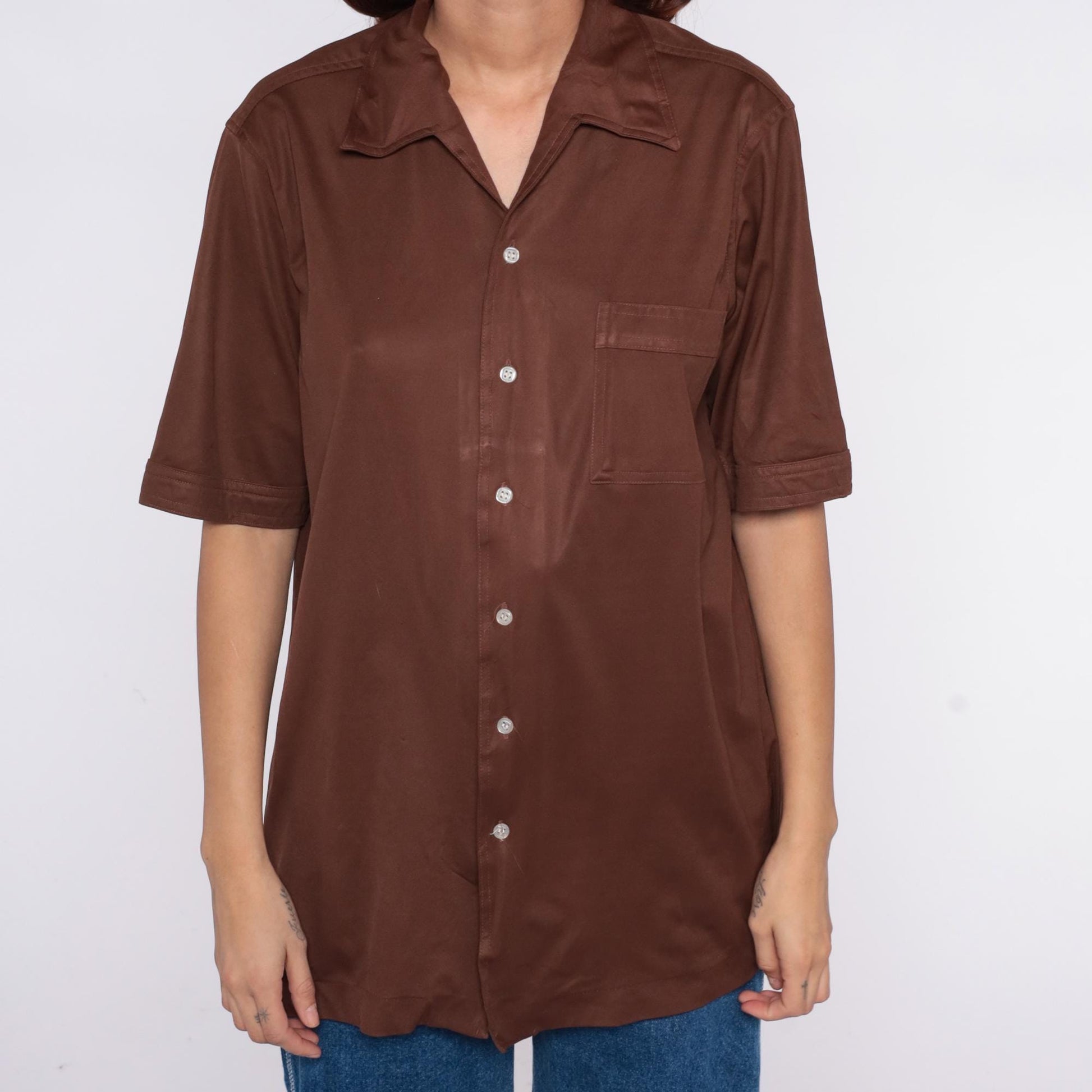 70s California Class Chocolate Brown Button-Up Shirt Camp Collar Large L