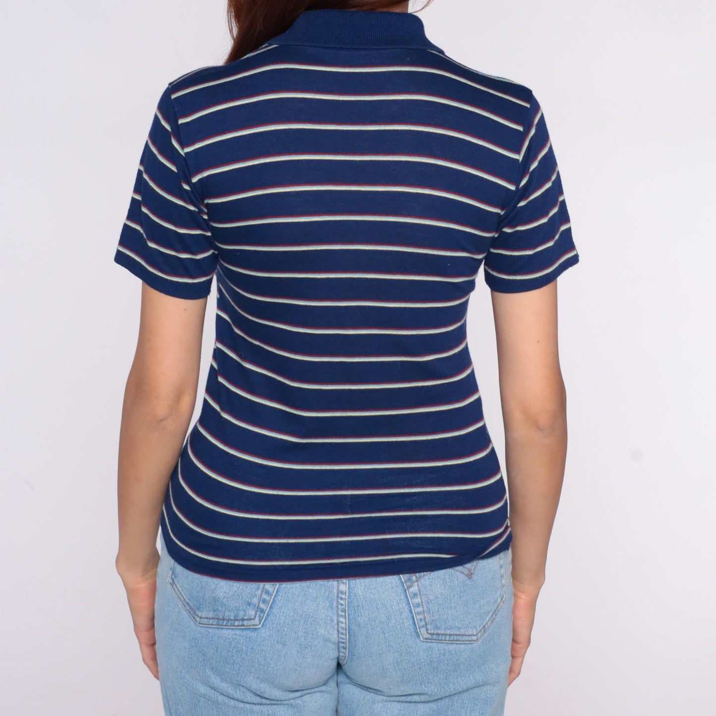 80s Navy Striped Polo Shirt White Red Horizontal Cotton Small