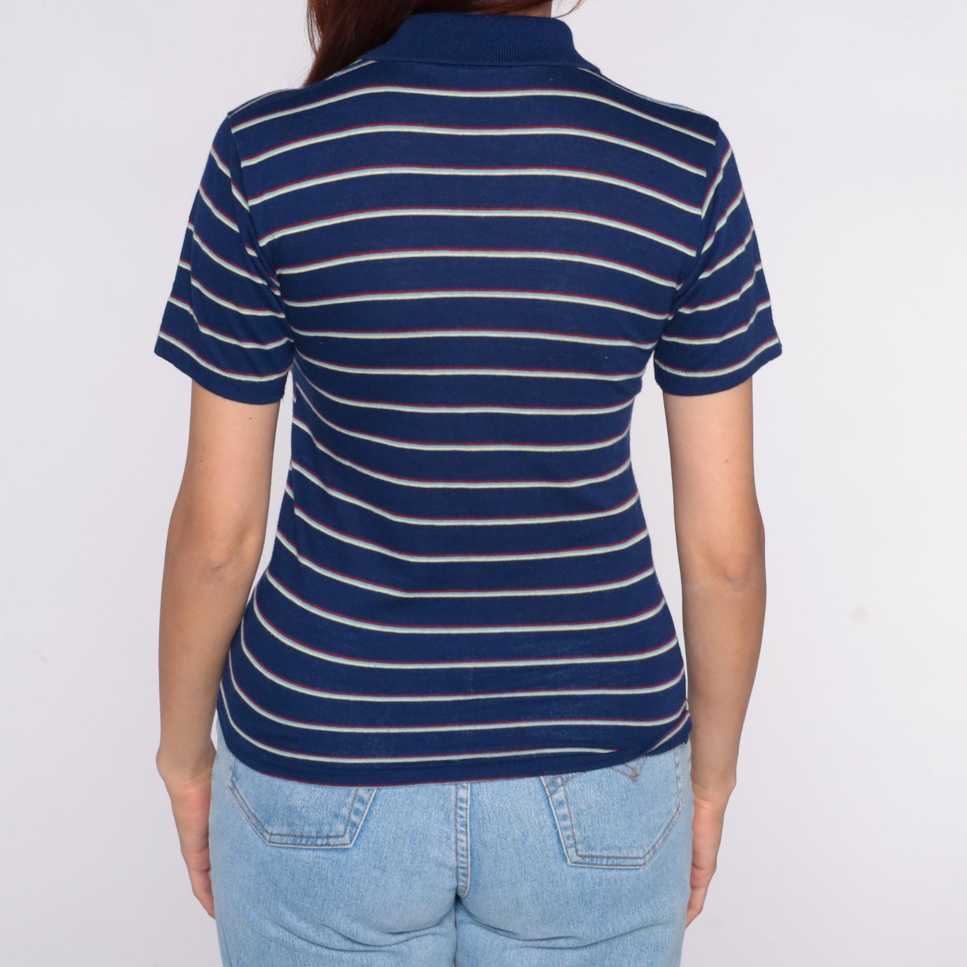 80s Navy Striped Polo Shirt White Red Horizontal Cotton Small