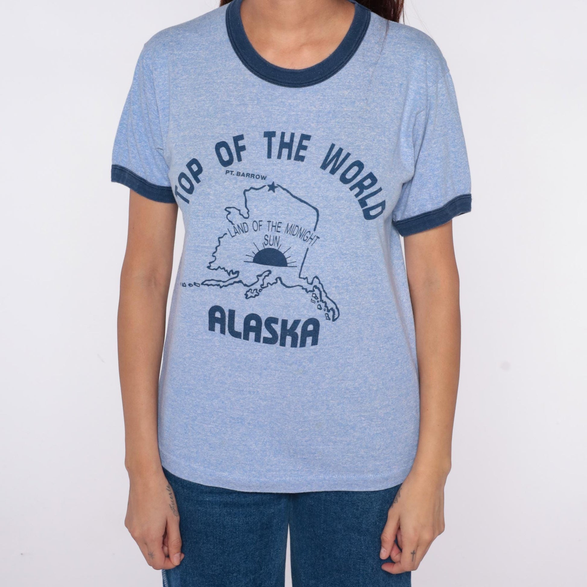 80s Alaska Tourist Ringer Tee Light Blue Navy Trim Graphic Medium