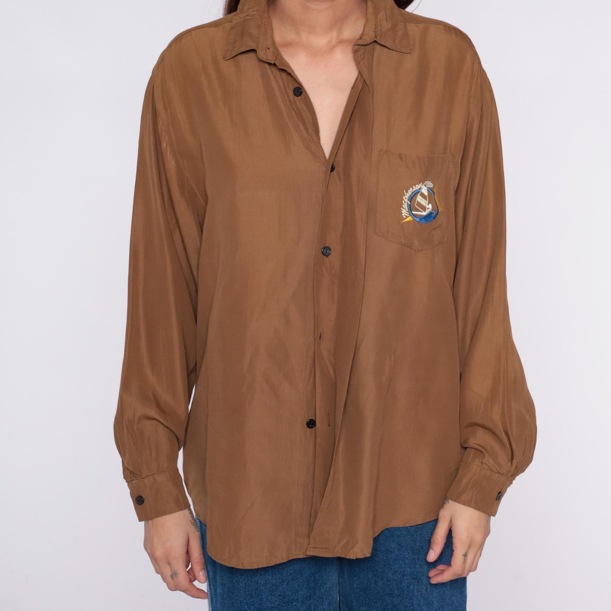 90s Brown Sailboat Embroidered Shirt Collared Long Sleeve Blouse Large L