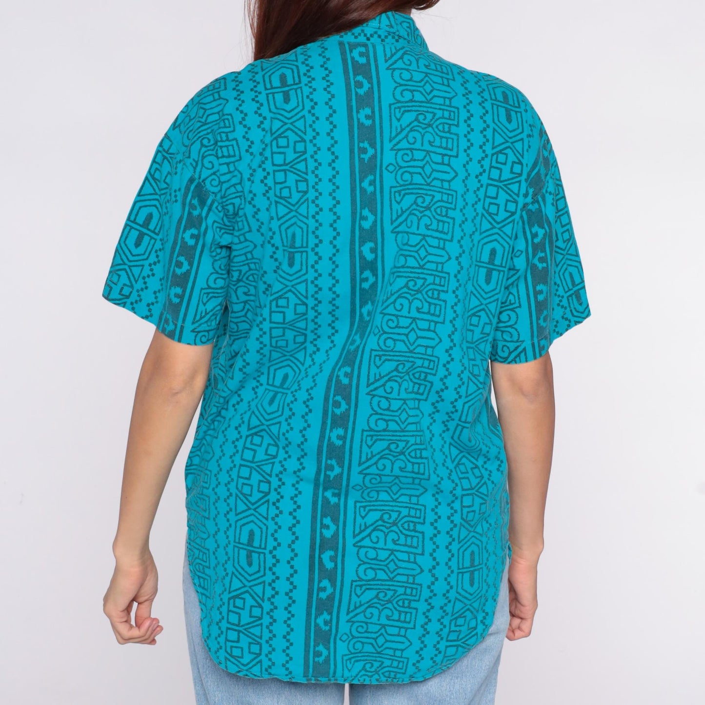 90s Turquoise Geometric Tribal Button-Up Shirt Short Sleeve Medium