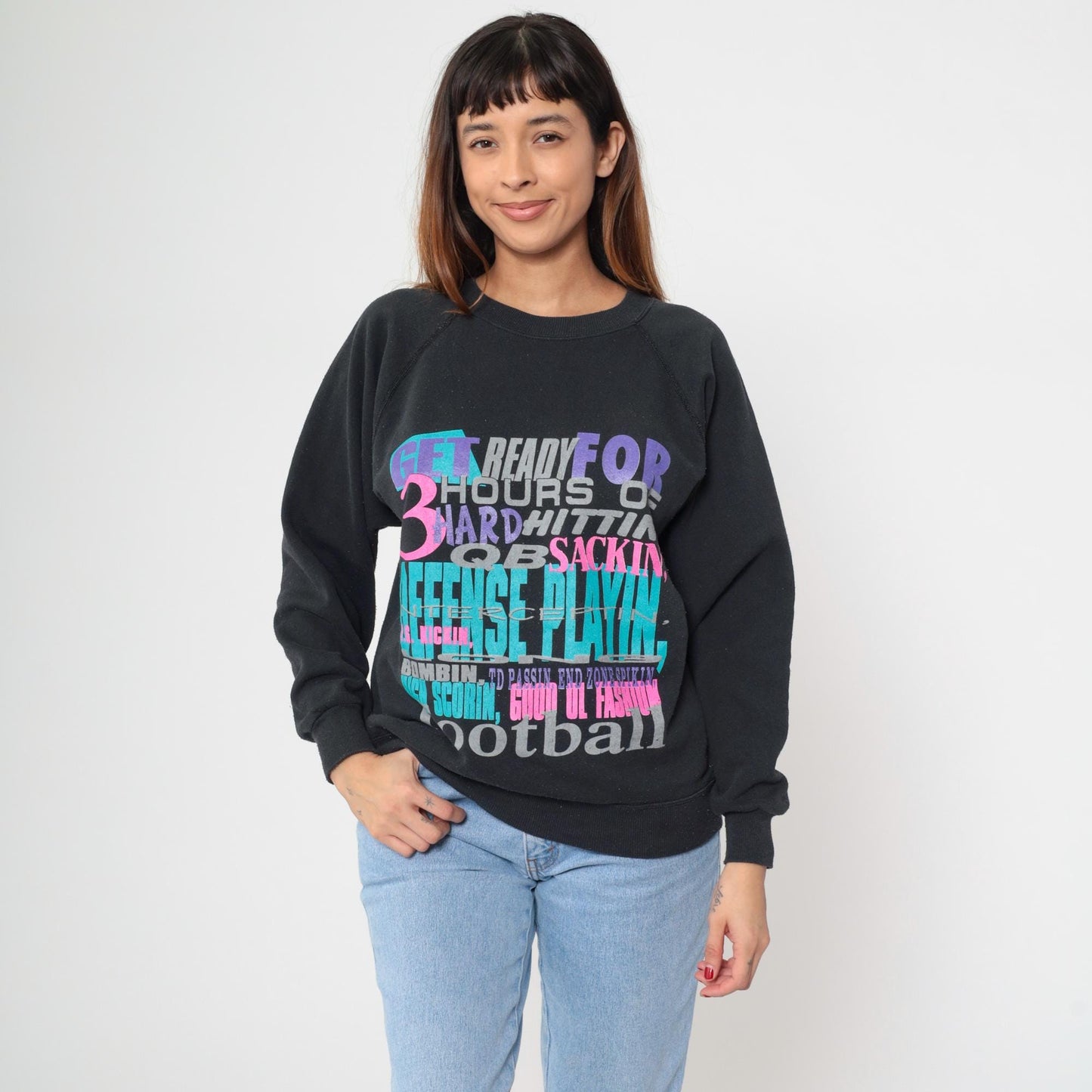 90s Hanes Football Sweatshirt Black Raglan Graphic Crew Neck Medium