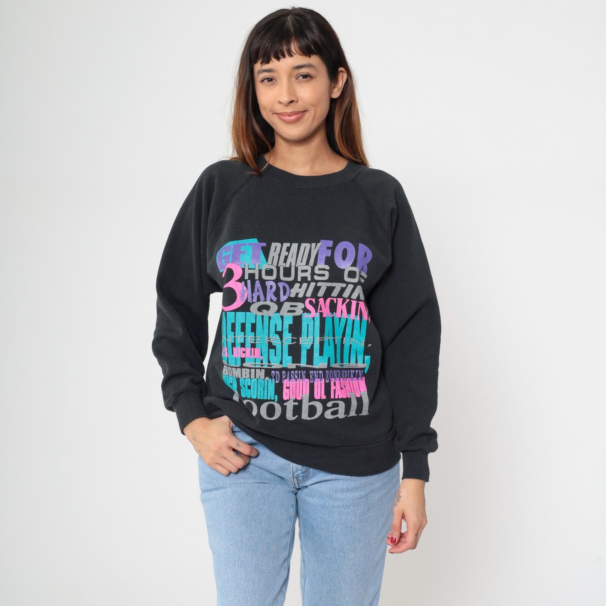 90s Hanes Football Sweatshirt Black Raglan Graphic Crew Neck Medium