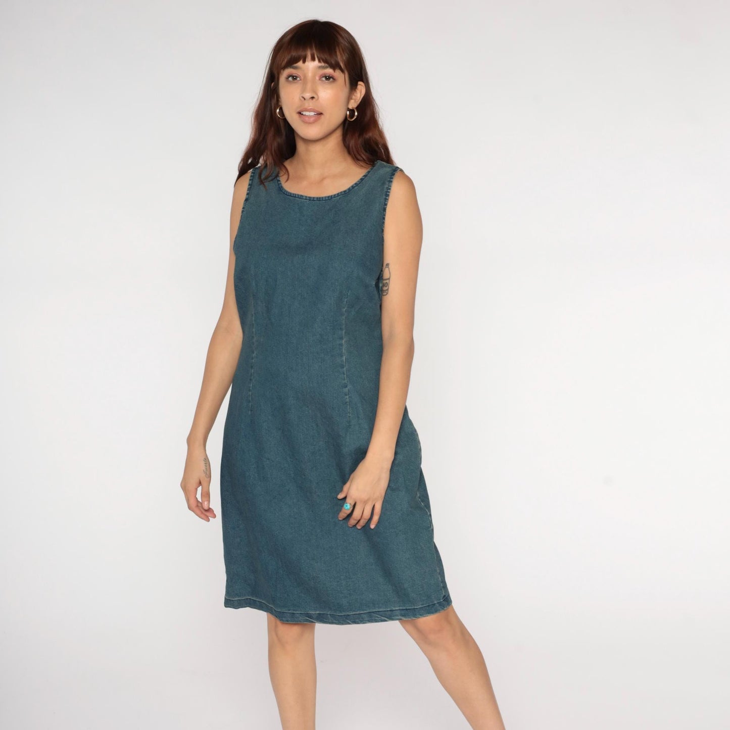 Y2K Chadwicks Denim Shift Dress Blue Scoop Neck Knee Length Large